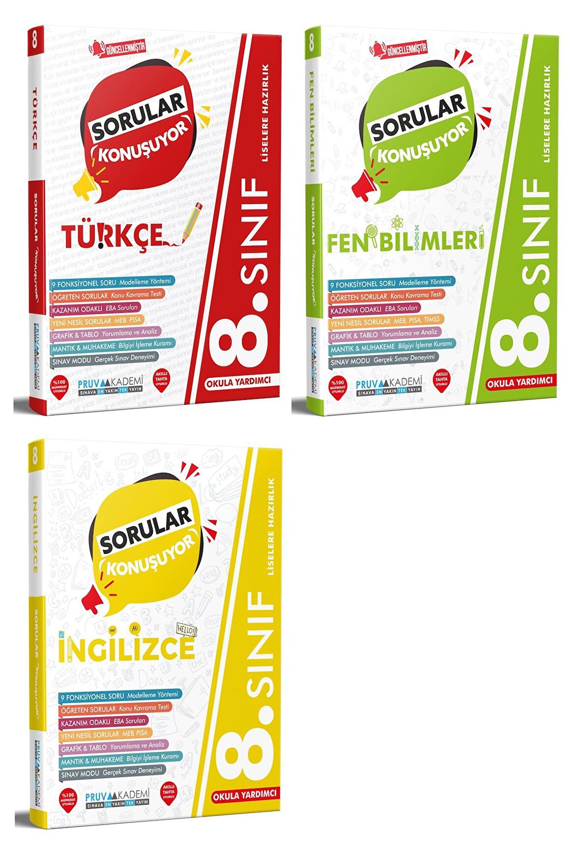 Pruva Akademi 8. Sınıf Türkçe + Fen + İngilizce Sorular Konuşuyor Seti 3 Kitap 2023