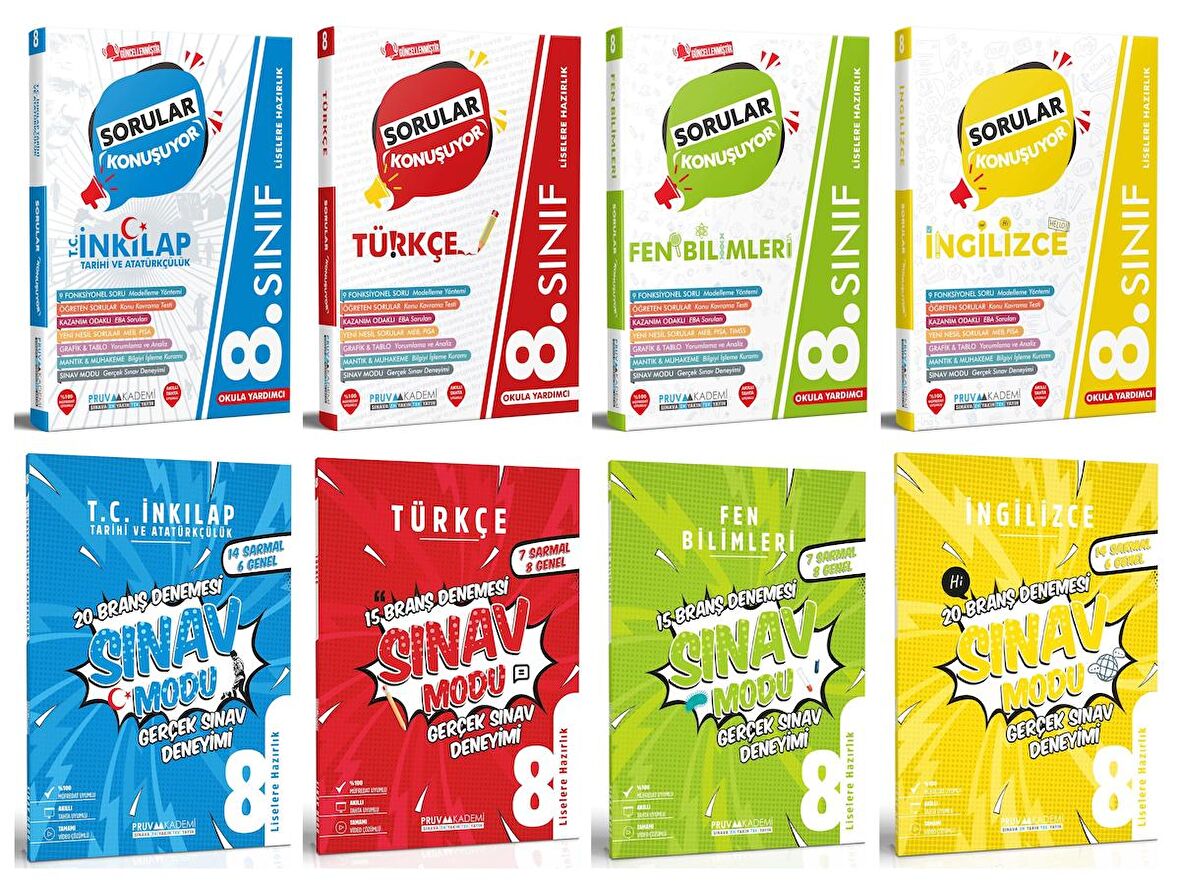 Pruva Akademi 8. Sınıf İnkılap + Türkçe + Fen + İngilizce Soru + Deneme Seti 8 Kitap 2023