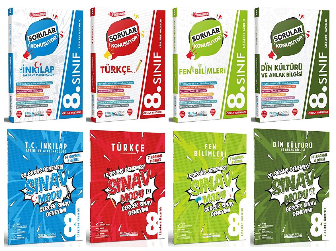 Pruva Akademi 8. Sınıf İnkılap + Türkçe + Fen + Din Soru + Deneme Seti 8 Kitap 2023
