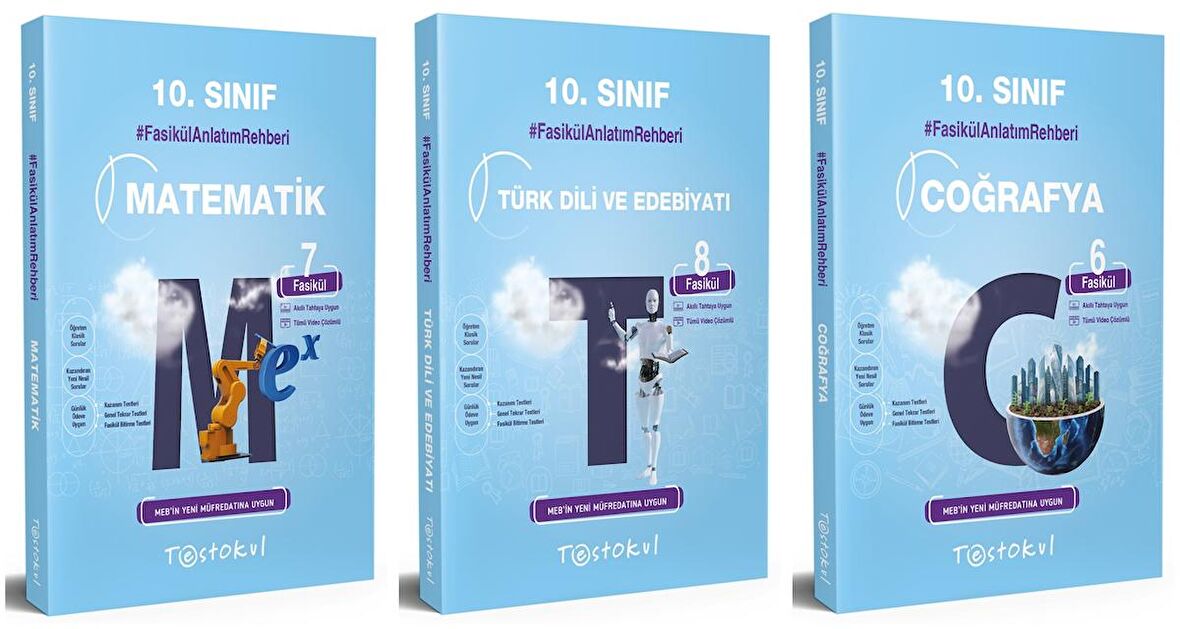 Test Okul 10. Sınıf Matematik + Edebiyat + Coğrafya Fasikül Anlatım Seti 3 Kitap 2023