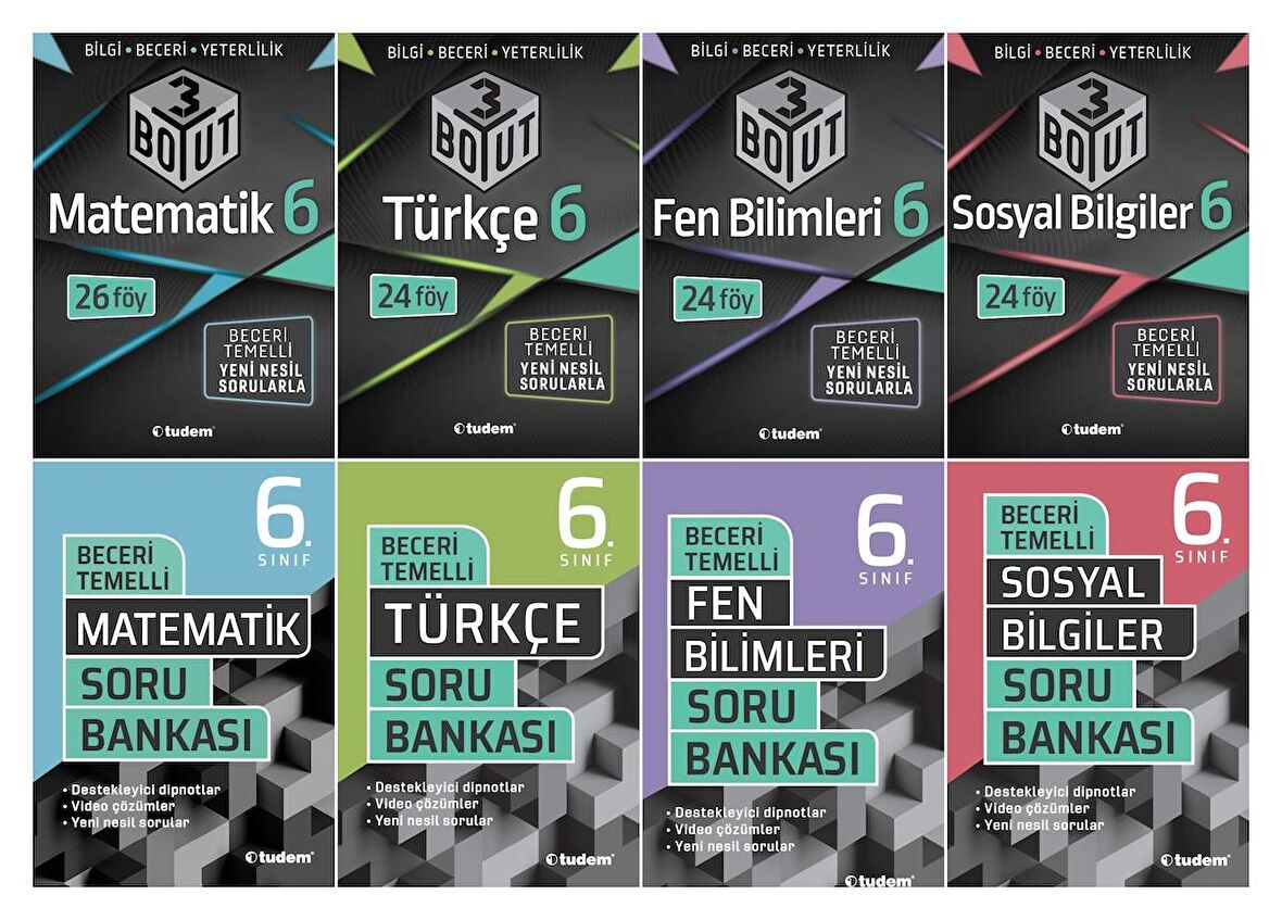 Tudem 6. Sınıf Matematik + Türkçe + Fen + Sosyal 3 Boyut + Beceri Soru Seti 8 Kitap 2023