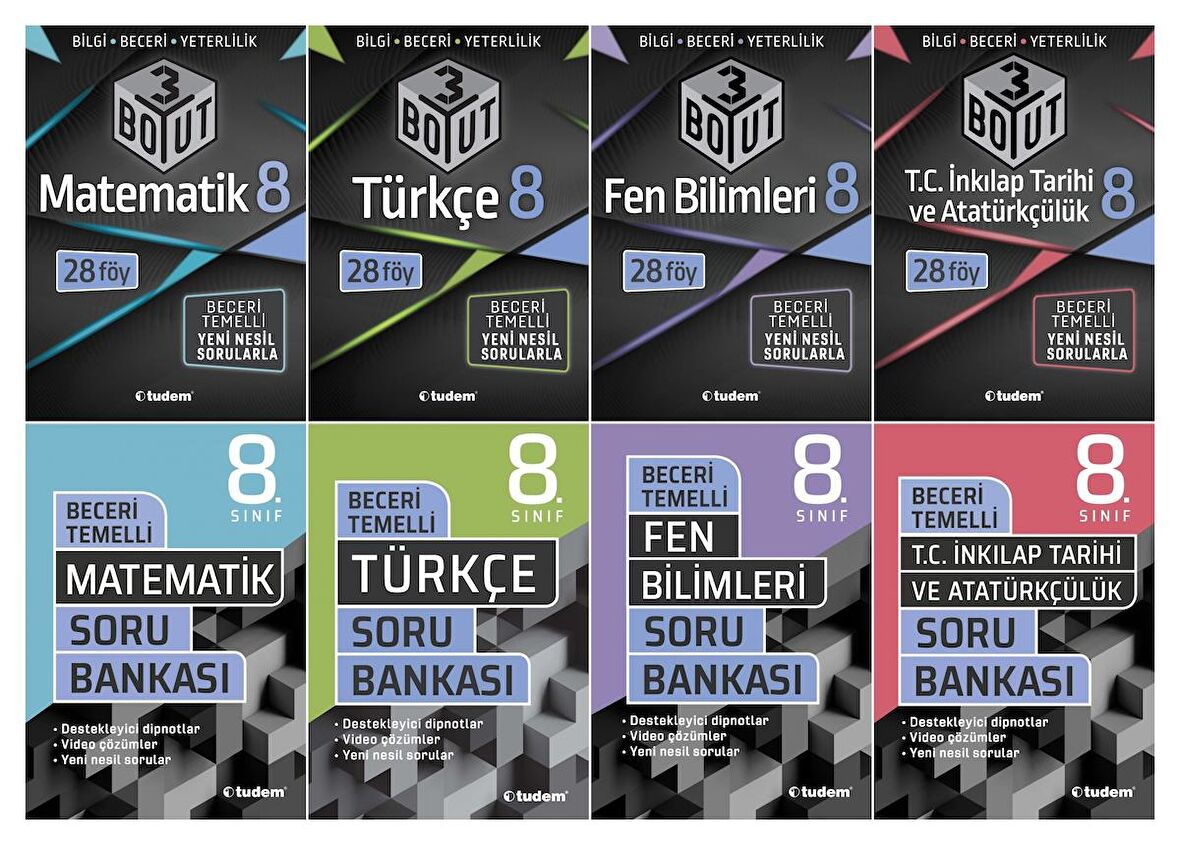Tudem 8. Sınıf Matematik + Türkçe + Fen + İnkılap 3 Boyut + Beceri Soru Seti 8 Kitap 2023