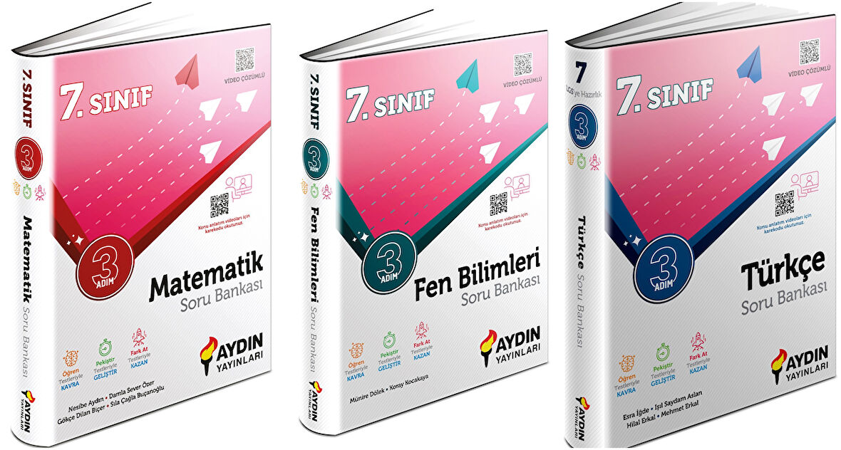Aydın 2024 7. Sınıf Matematik + Fen Bilimleri + Türkçe Üç Adım Soru Bankası Seti 3 Kitap