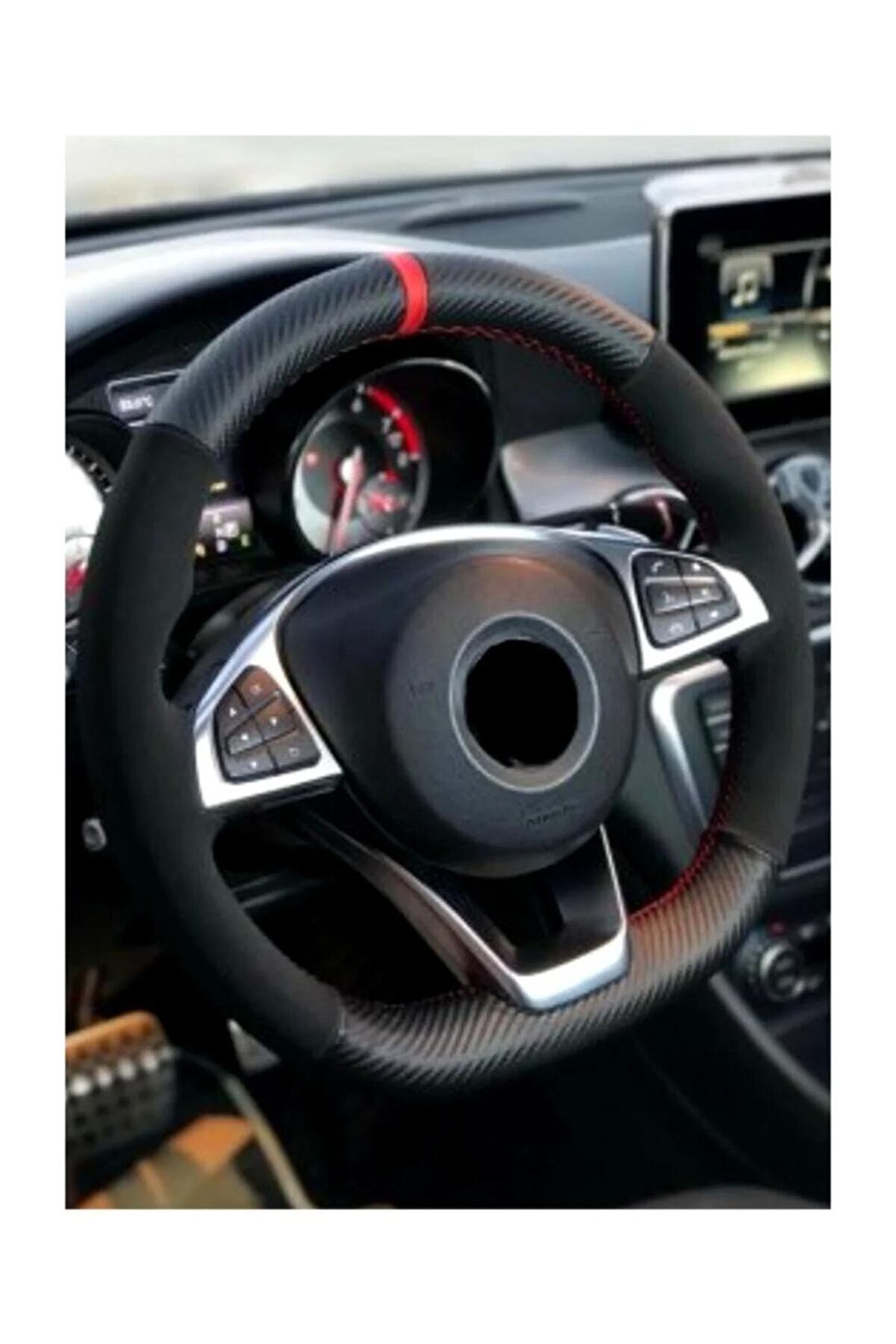 Renault Megane 3 Uyumlu Kırmızı Yüzüklü Karbon Alkantra Dikmeli Dikmeli Direksiyon Kılıfı