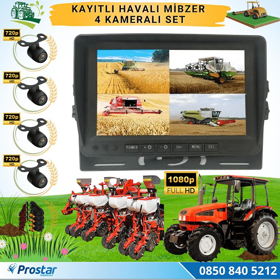 Kayıtlı AHD Mibzer Havalı Tohum Makinesi 4 Kameralı 7 inç Monitörlü 720P Araç Seti