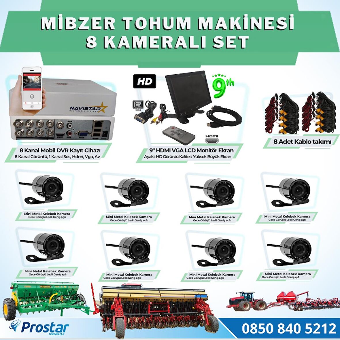 8 Kameralı Mibzer Havalı Tohum Makinesi 9 inç Hdmi Monitörlü Kamera Seti