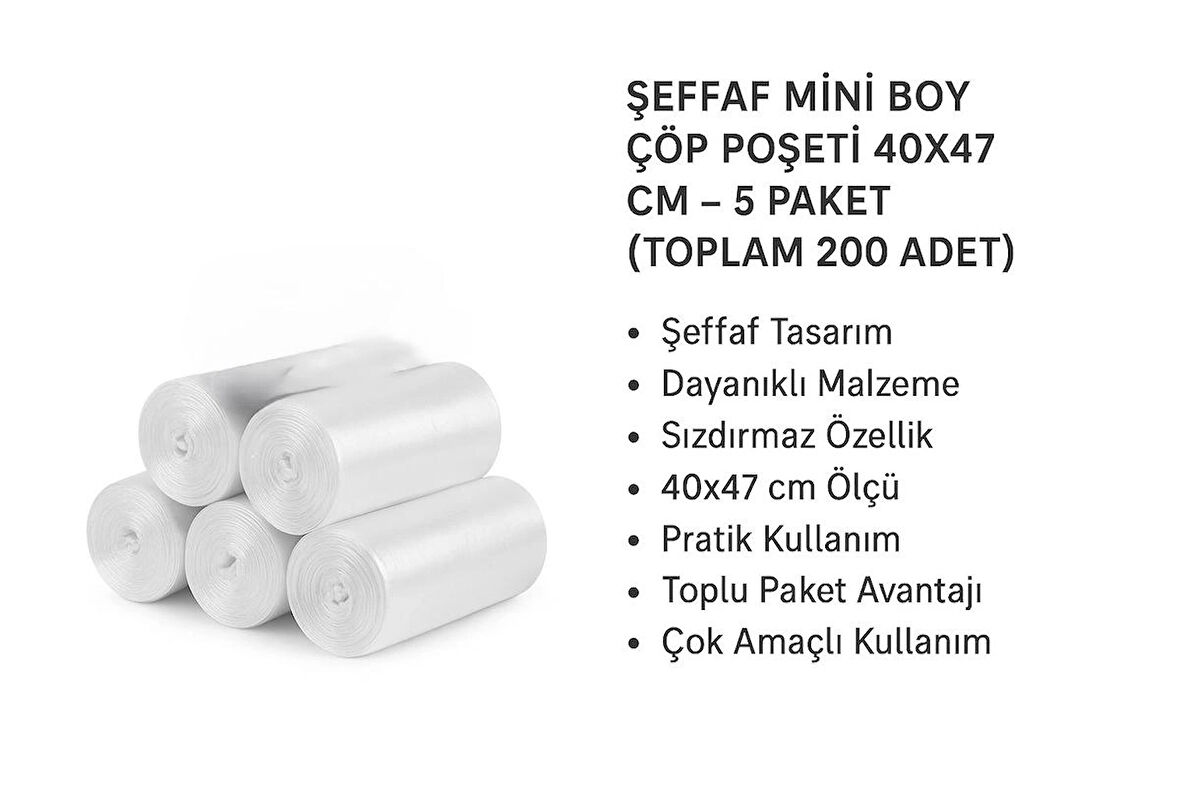 Şeffaf Mini Boy Çöp Poşeti, 40 Adetli Rulo, 40x47 cm – 5 Paket (Toplam 200 Adet)