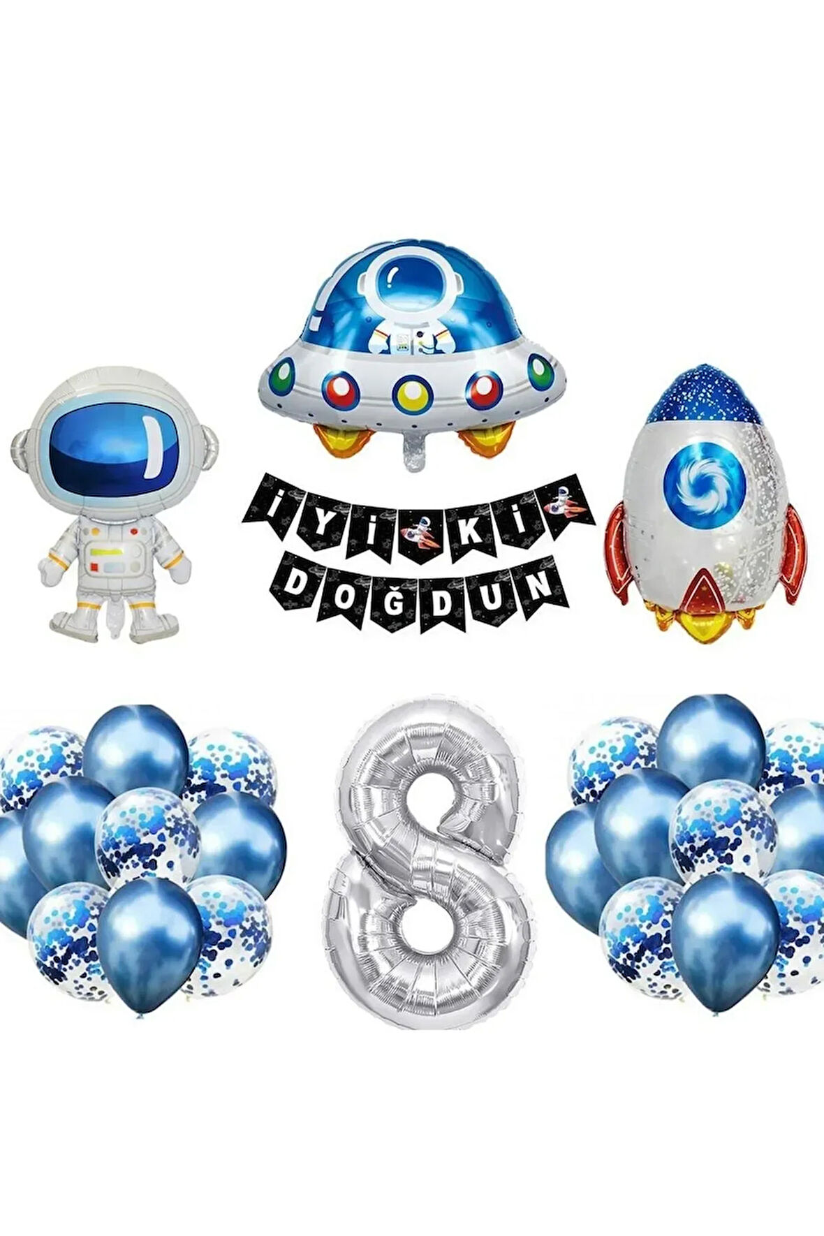 Uzay Konsepti 8 Yaş Doğum Günü Parti Kutlama Seti; Astronot, Ufo Ve Uzay Gemisi Folyo Balon Set