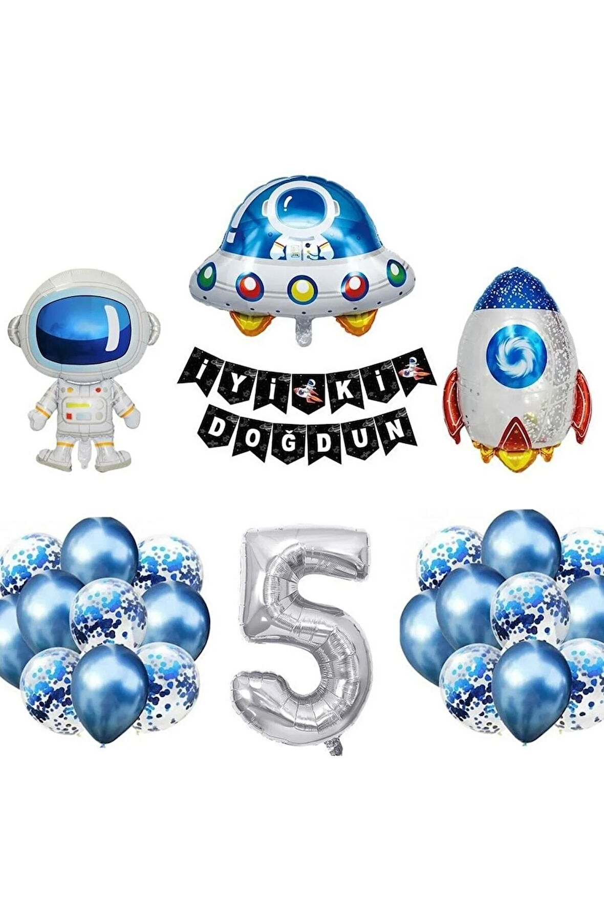 Uzay Konsepti 5 Yaş Doğum Günü Parti Kutlama Seti; Astronot, Ufo Ve Uzay Gemisi Folyo Balon Set