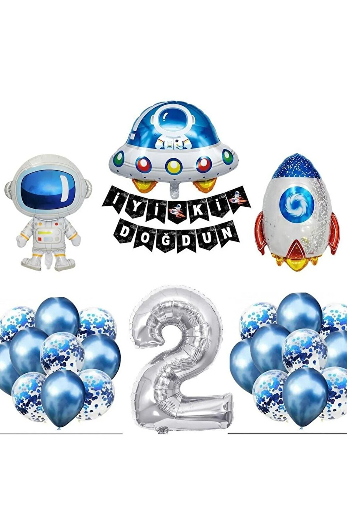 Uzay Konsepti 2 Yaş Doğum Günü Parti Kutlama Seti; Astronot, Ufo Ve Uzay Gemisi Folyo Balon Set