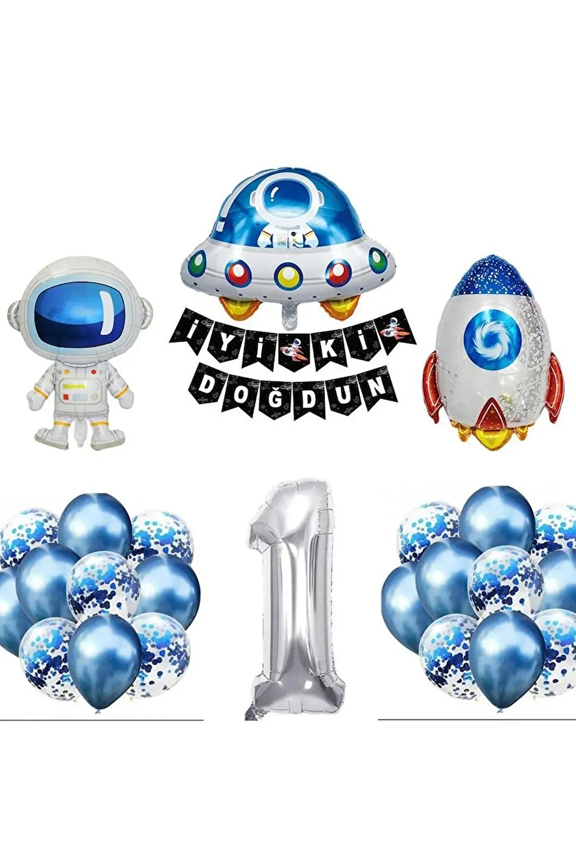 Uzay Konsepti 1 Yaş Doğum Günü Parti Kutlama Seti; Astronot, Ufo Ve Uzay Gemisi Folyo Balon Set