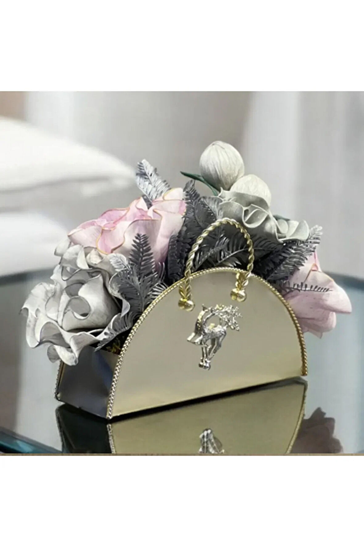⚜️ Luxury Çiçekli Vazo ⚜️ Çanta Burgu Aranjman Gümüş⚜️