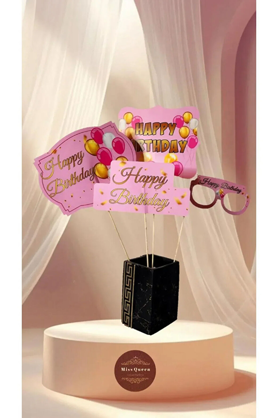 Happy Birthday Temalı 10'lu Konuşma Balonu Seti PEMBE-GOLD