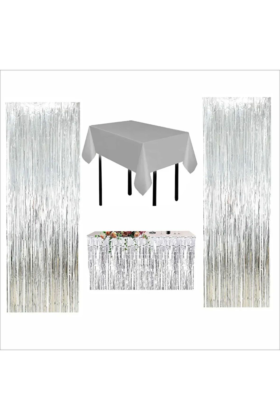 GÜMÜŞ MASA ÖRTÜSÜ, GÜMÜŞ MASA ETEĞİ, 2 ADET GÜMÜŞ ARKA FON PERDE