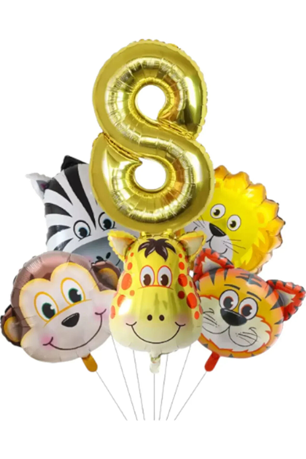 Safari Kafa Seti Altın Yaş Rakam Hayvan Temalı Doğum Günü Balon Seti 8 Yaş