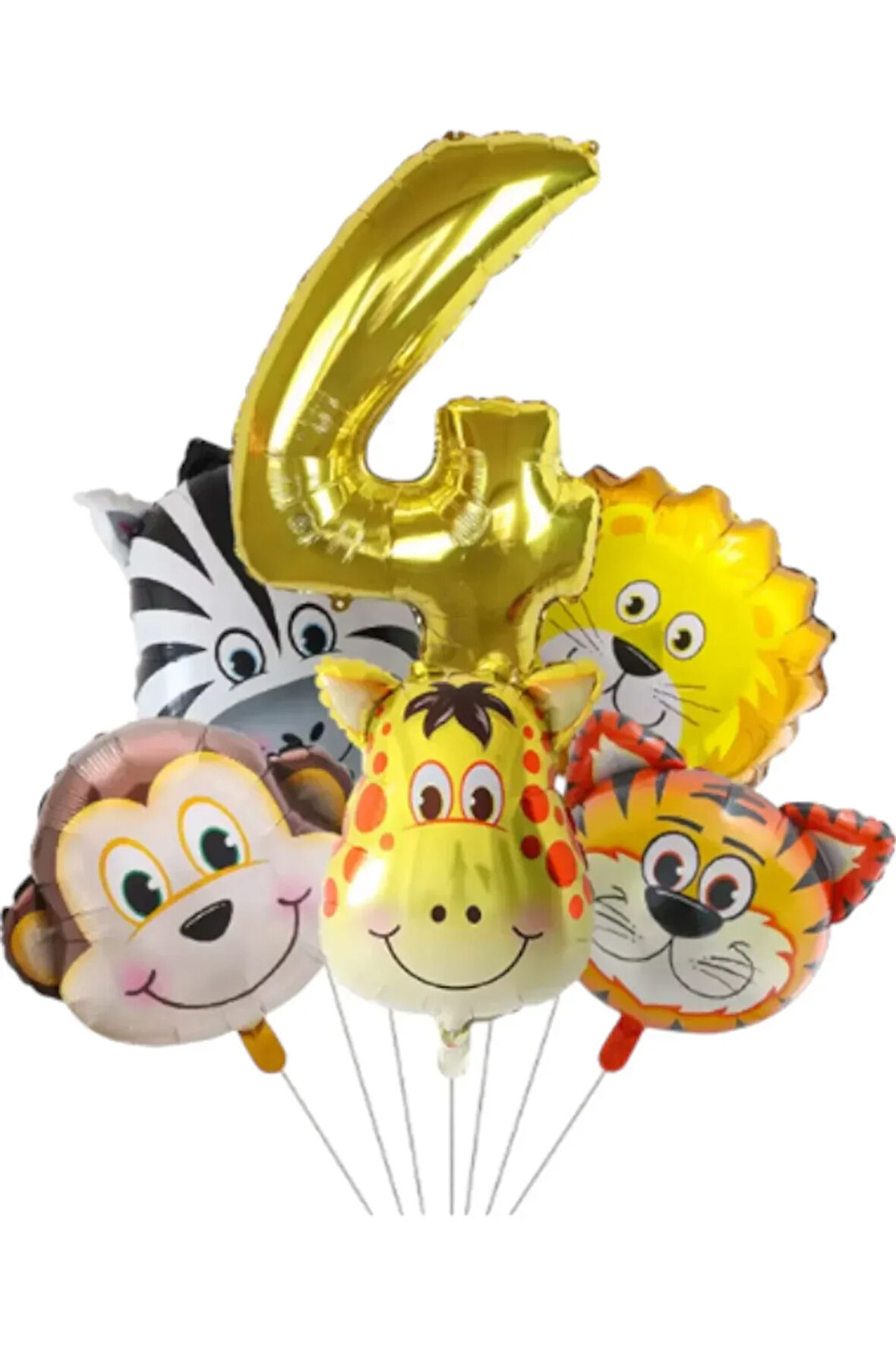 Safari Kafa Seti Altın Yaş Rakam Hayvan Temalı Doğum Günü Balon Seti 4 Yaş