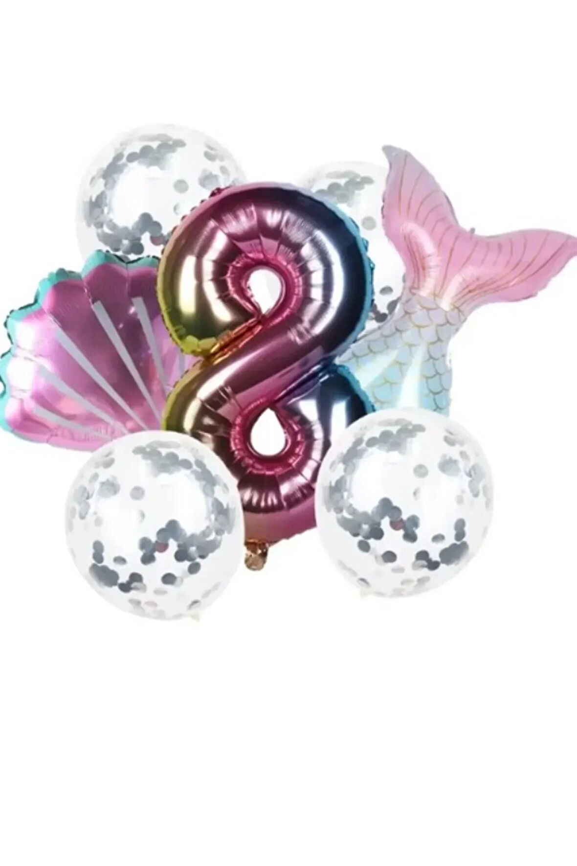 Deniz Kızı Kuyruk Gümüş Pul Gökkuşağı Rakam Folyo Balon Seti 8 Yaş