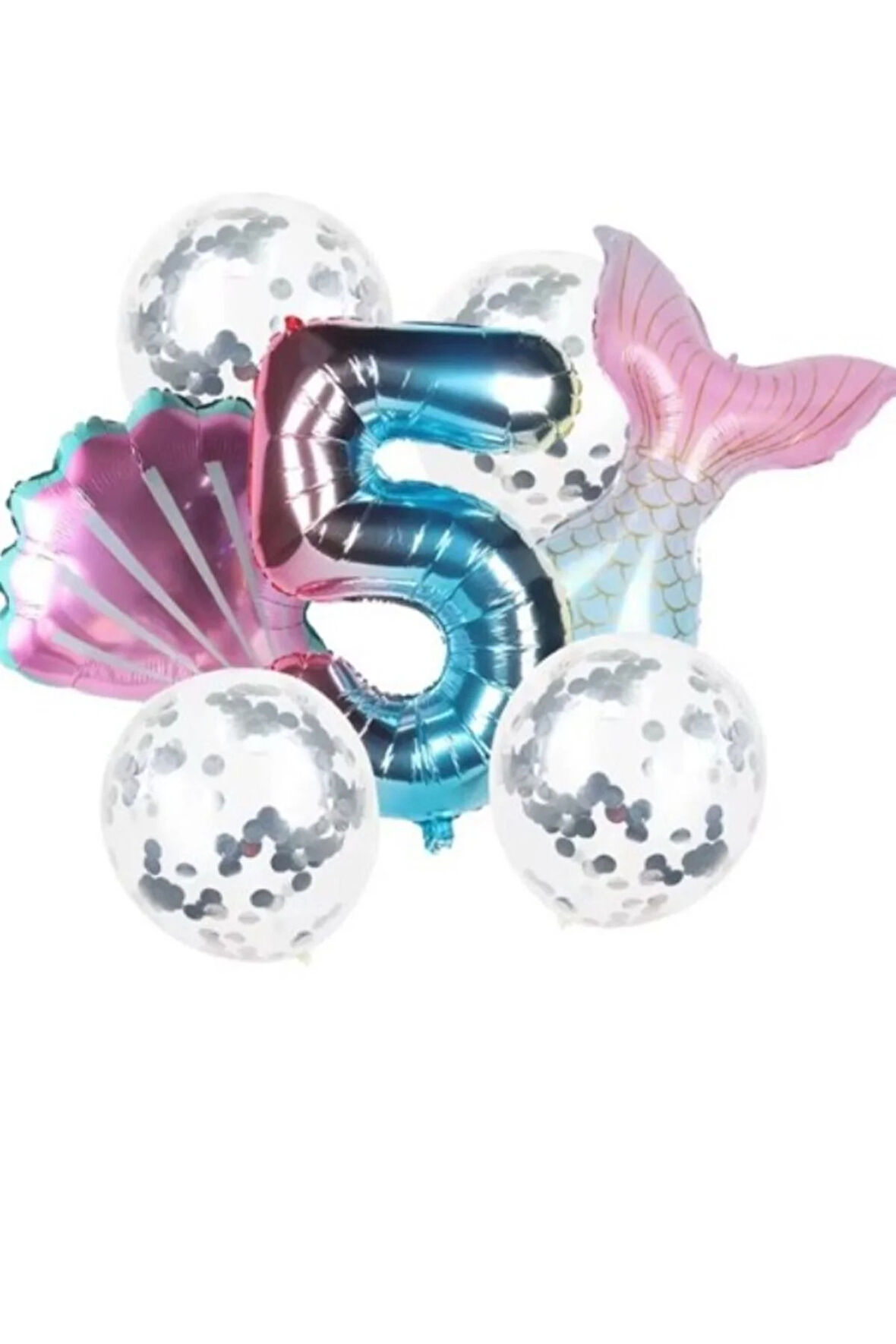 Deniz Kızı Kuyruk Gümüş Pul Gökkuşağı Rakam Folyo Balon Seti 5 Yaş
