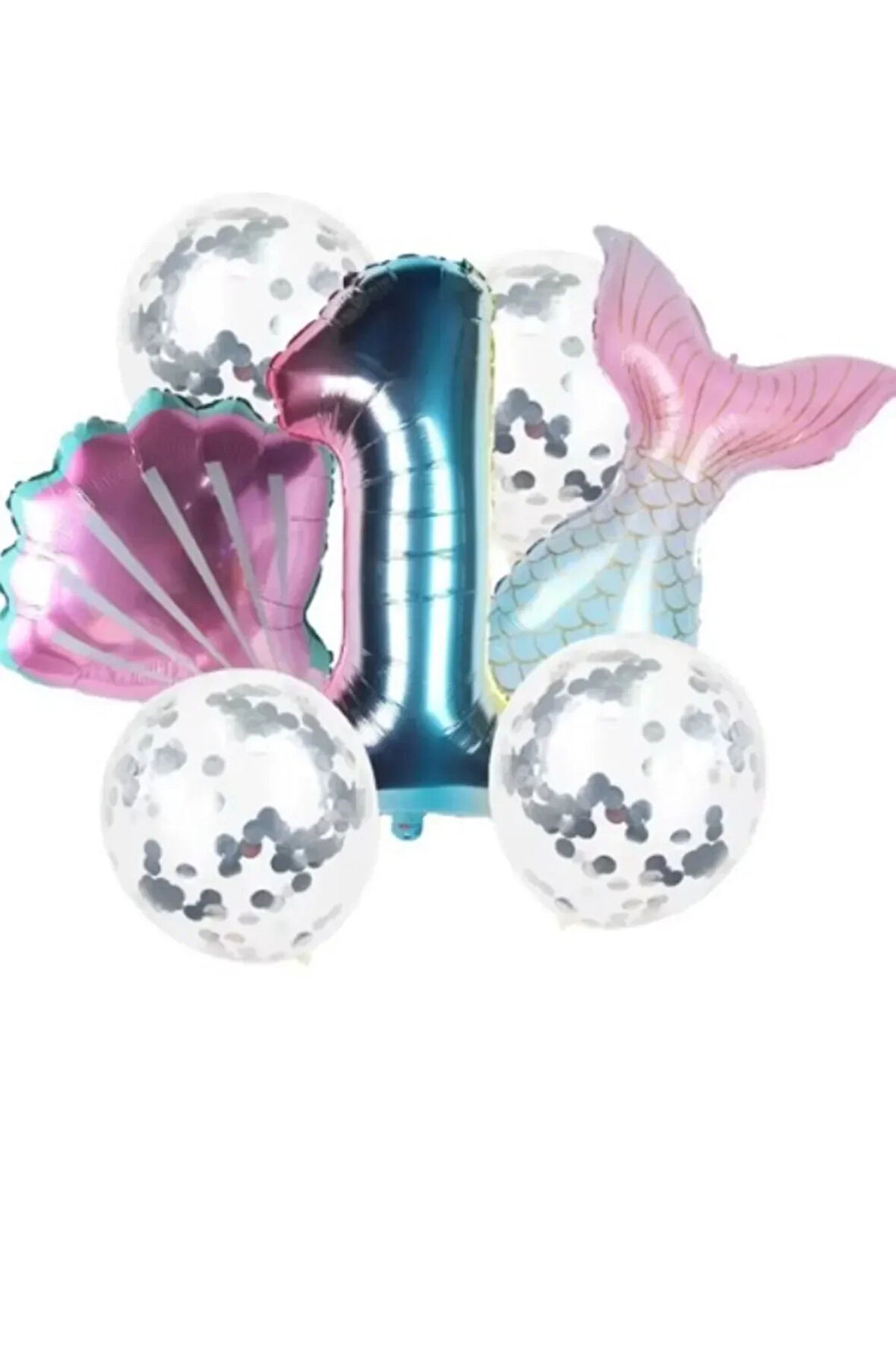 Deniz Kızı Kuyruk Gümüş Pul Gökkuşağı Rakam Folyo Balon Seti 1 Yaş
