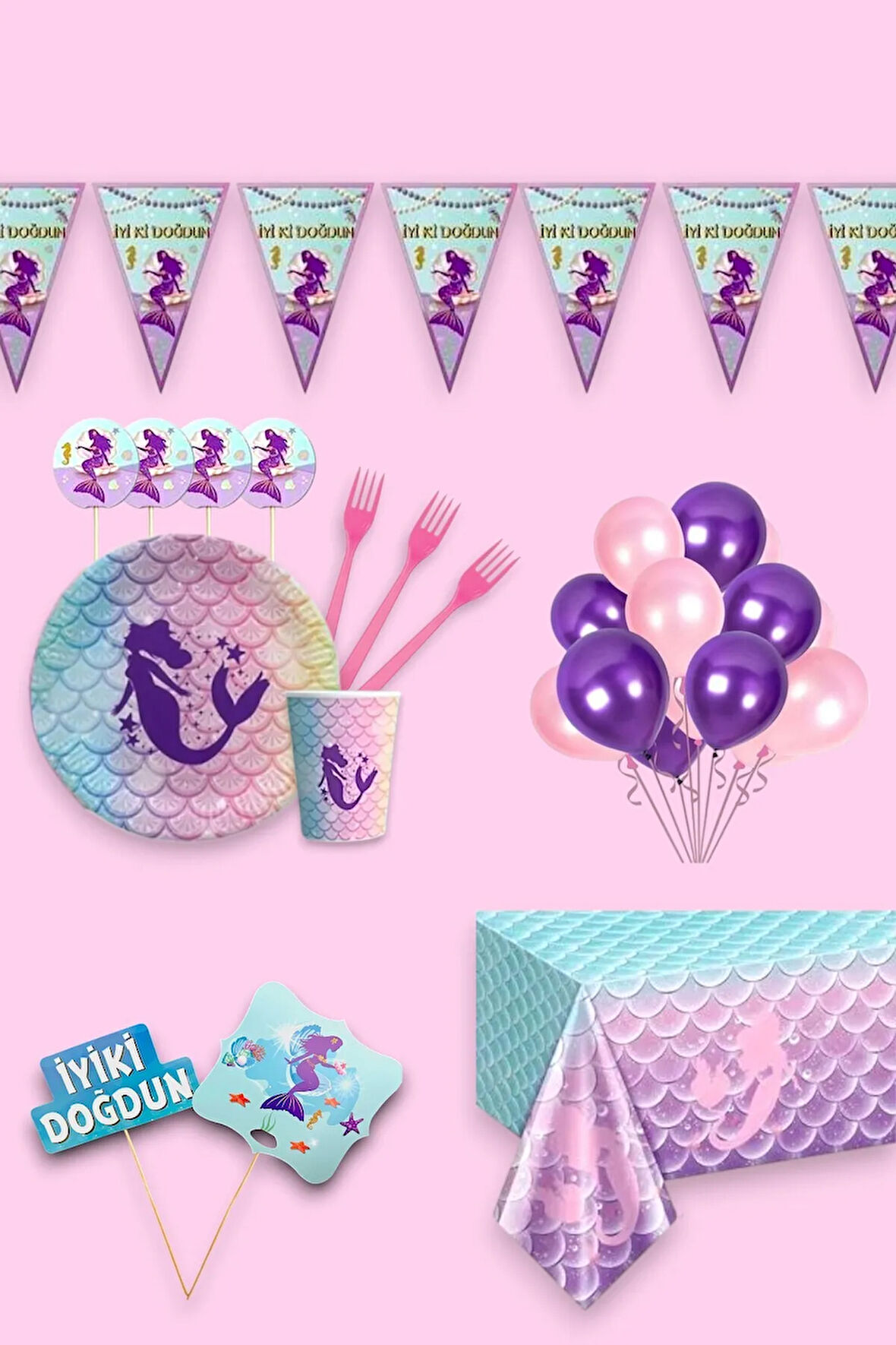 Deniz Kızı 16 Kişilik Konuşma Balonlu Doğum Günü Parti Seti