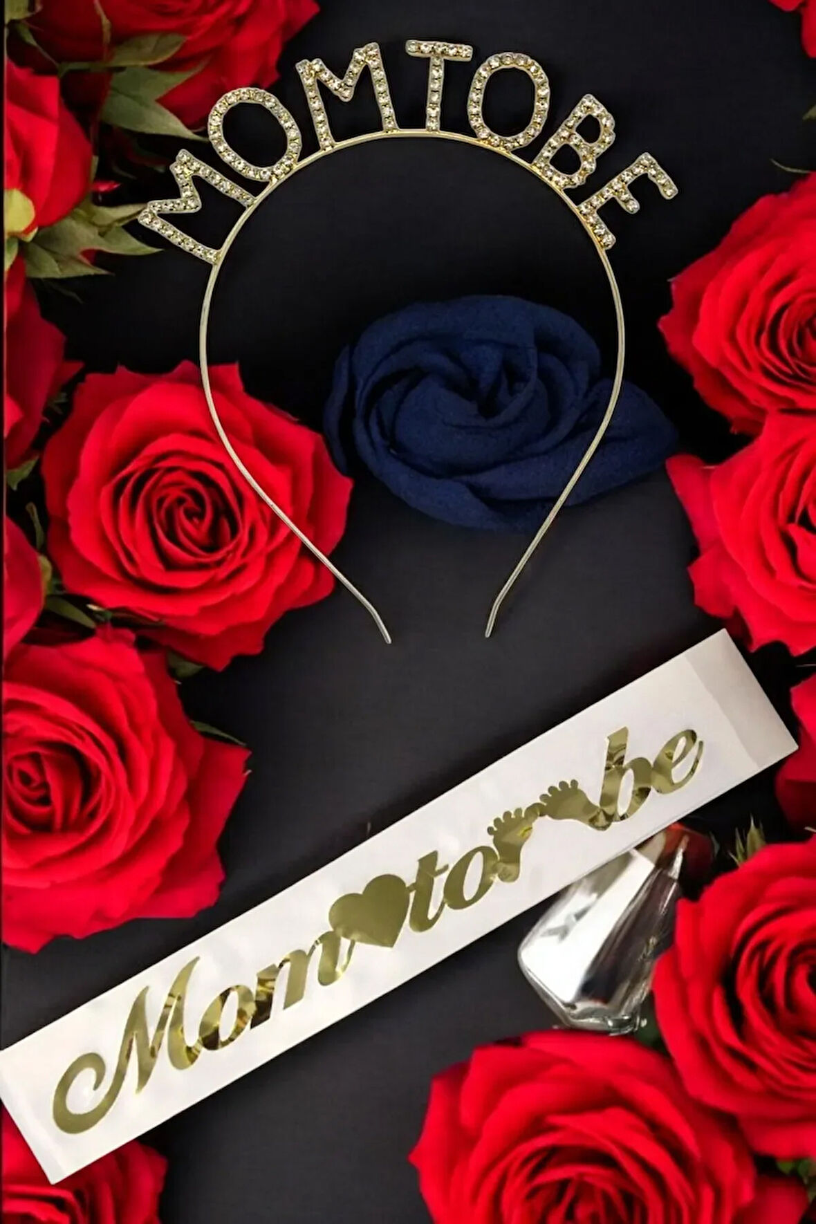 Mom To Be Metal Taç Ve Kuşak & Baby Shower Set & Beyaz Altın Kuşak Taşlı Altın Taç