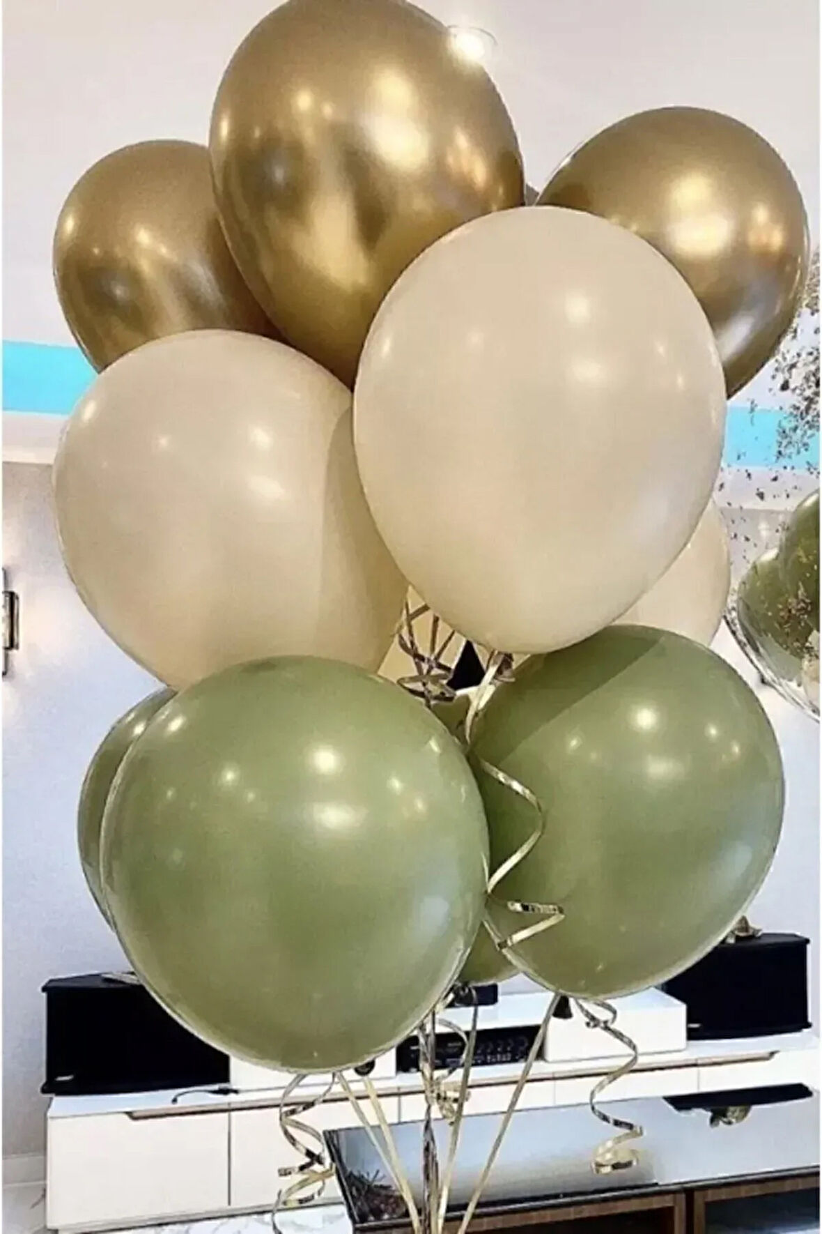 Atakent Süs 13`li Set Krom Gold Küf Yeşili Ve Pastel Beyaz Balon Set