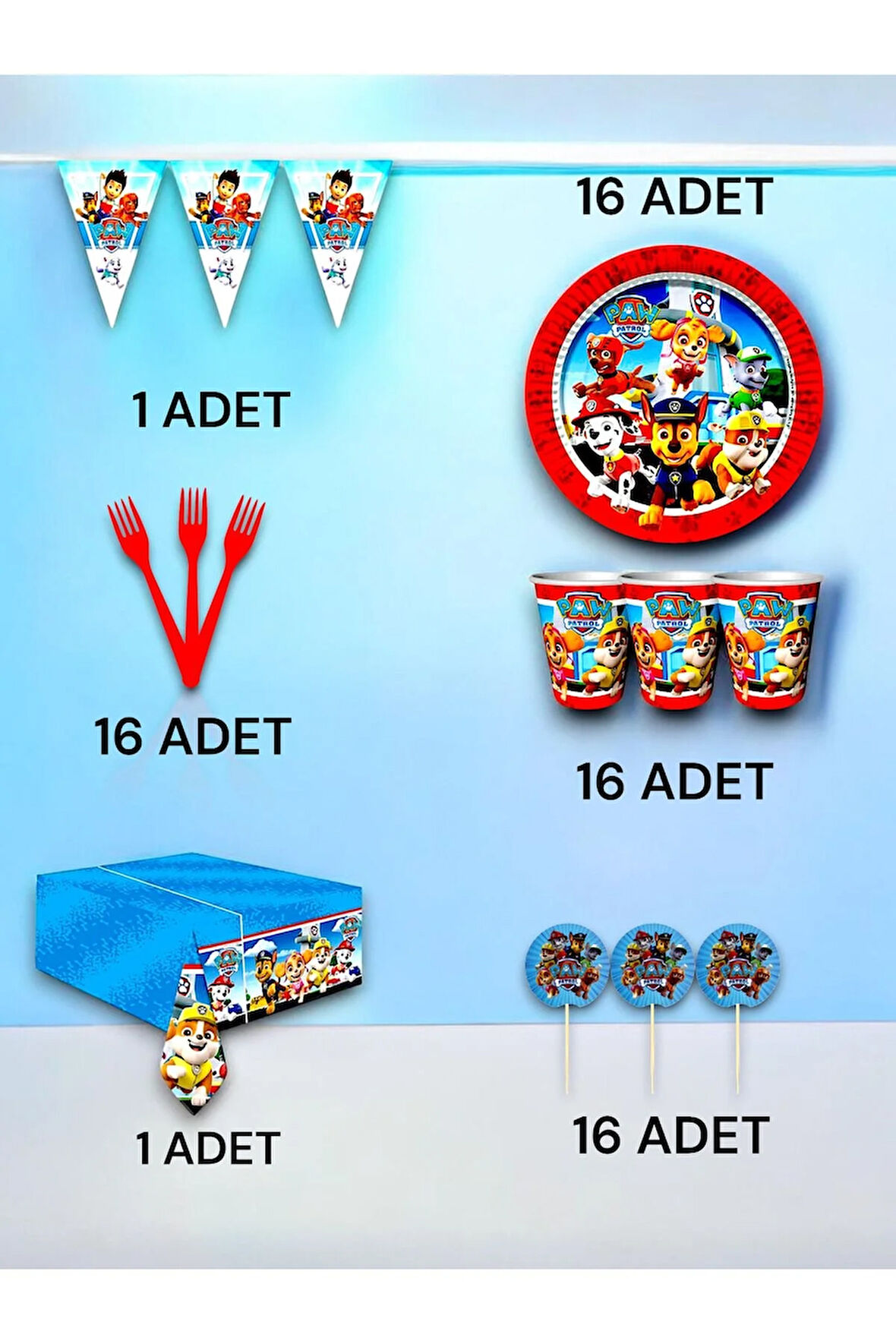 16 Kişilik Paw Patrol Temalı Premium Set - Doğum Günü Parti ve Eğlenceli Etkinlikler
