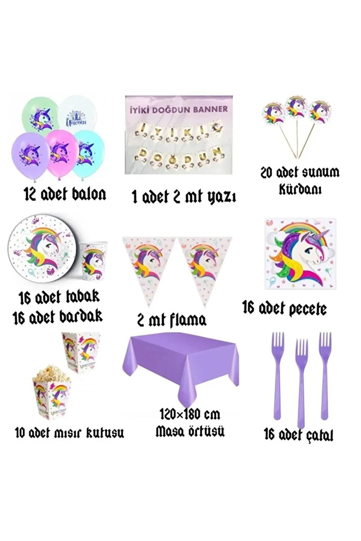 Unicorn 16 Kişilik Doğum Günü Parti Seti