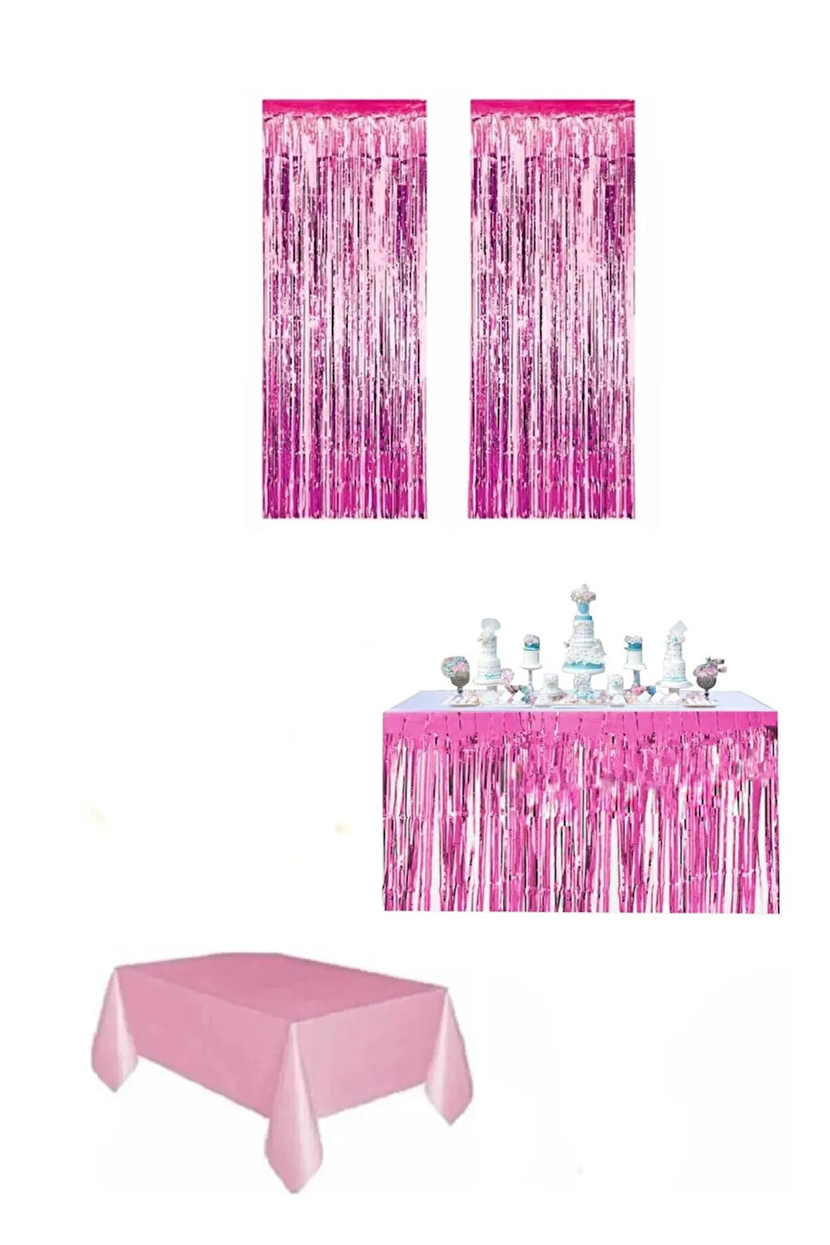 Pembe Renk Metalize Perde Metalize Masa Eteği Plastik Masa Örtüsü
