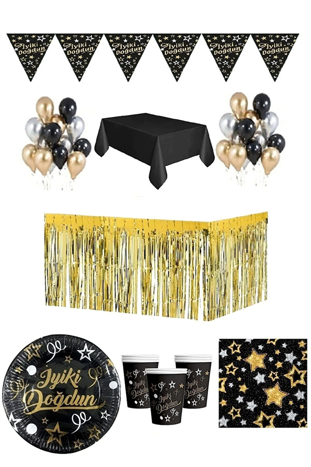 Yetişkin 8 Kişilik Gümüş- Gold-siyah Doğum Günü Seti