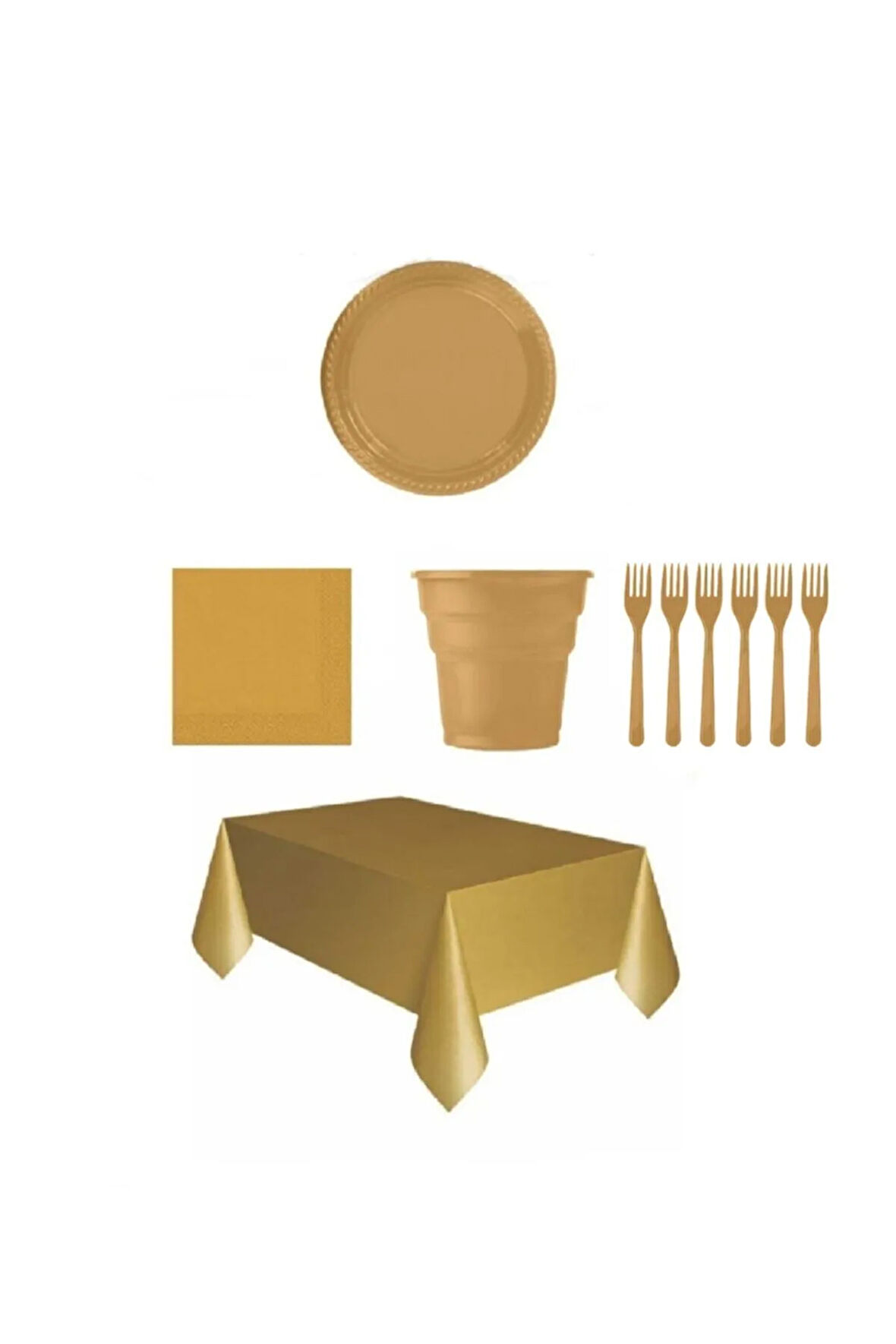 Gold Renk Plastik Tabak, Bardak, Çatal, Peçete Ve Tek Kullanımlık Masa Örtüsü Seti