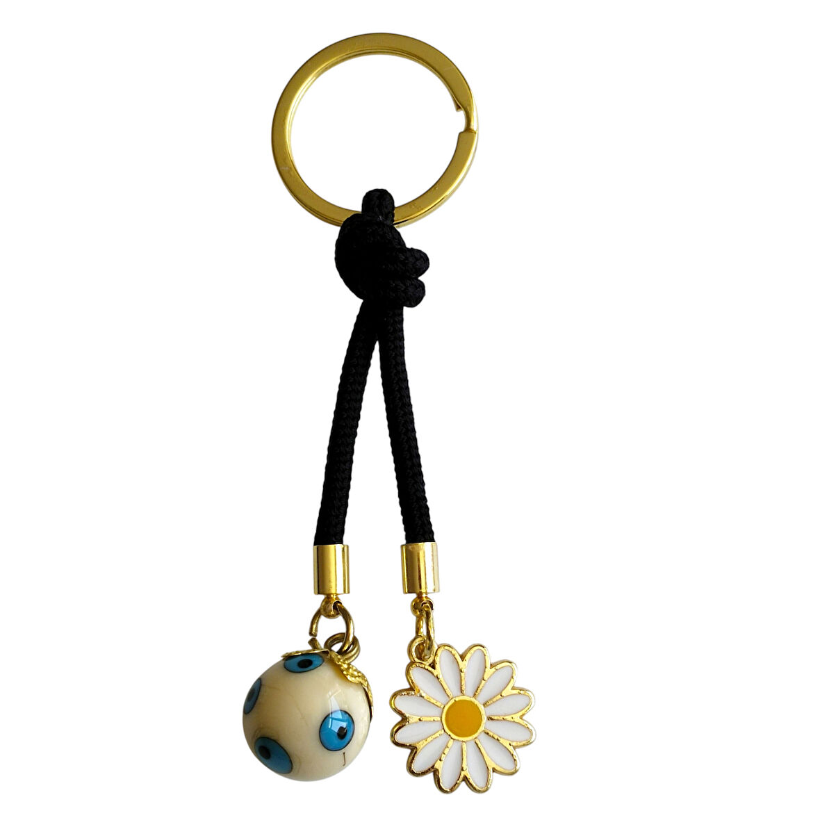 Top Şekilli Boncuk ve Papatya Figürlü Siyah İpli Şık Anahtarlık