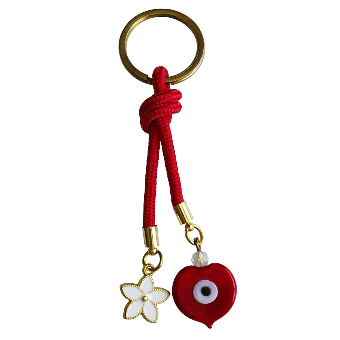 Kalp Nazar Boncuklu ve Lotus Figürlü Kırmızı İpli Şık Anahtarlık