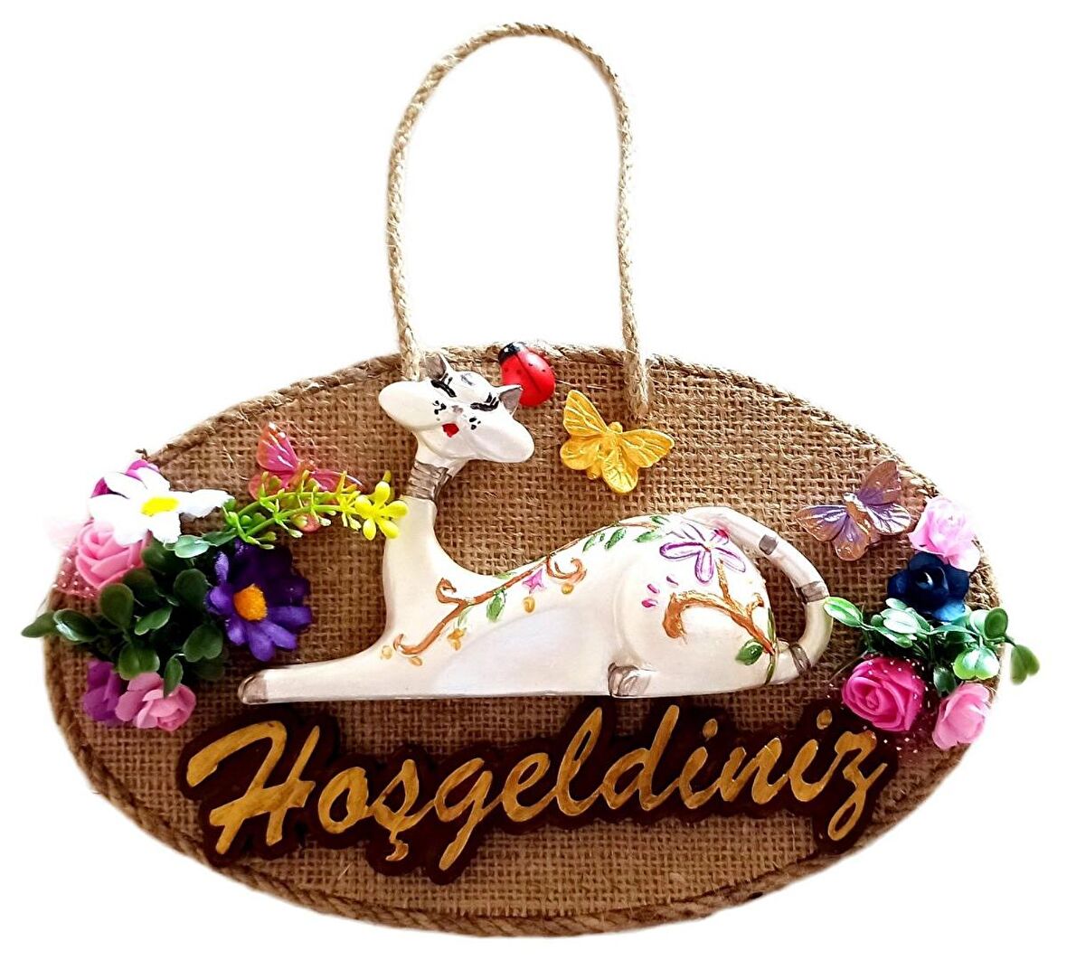 Kedi Figürlü El Yapımı Hoşgeldiniz Kapı Süsü