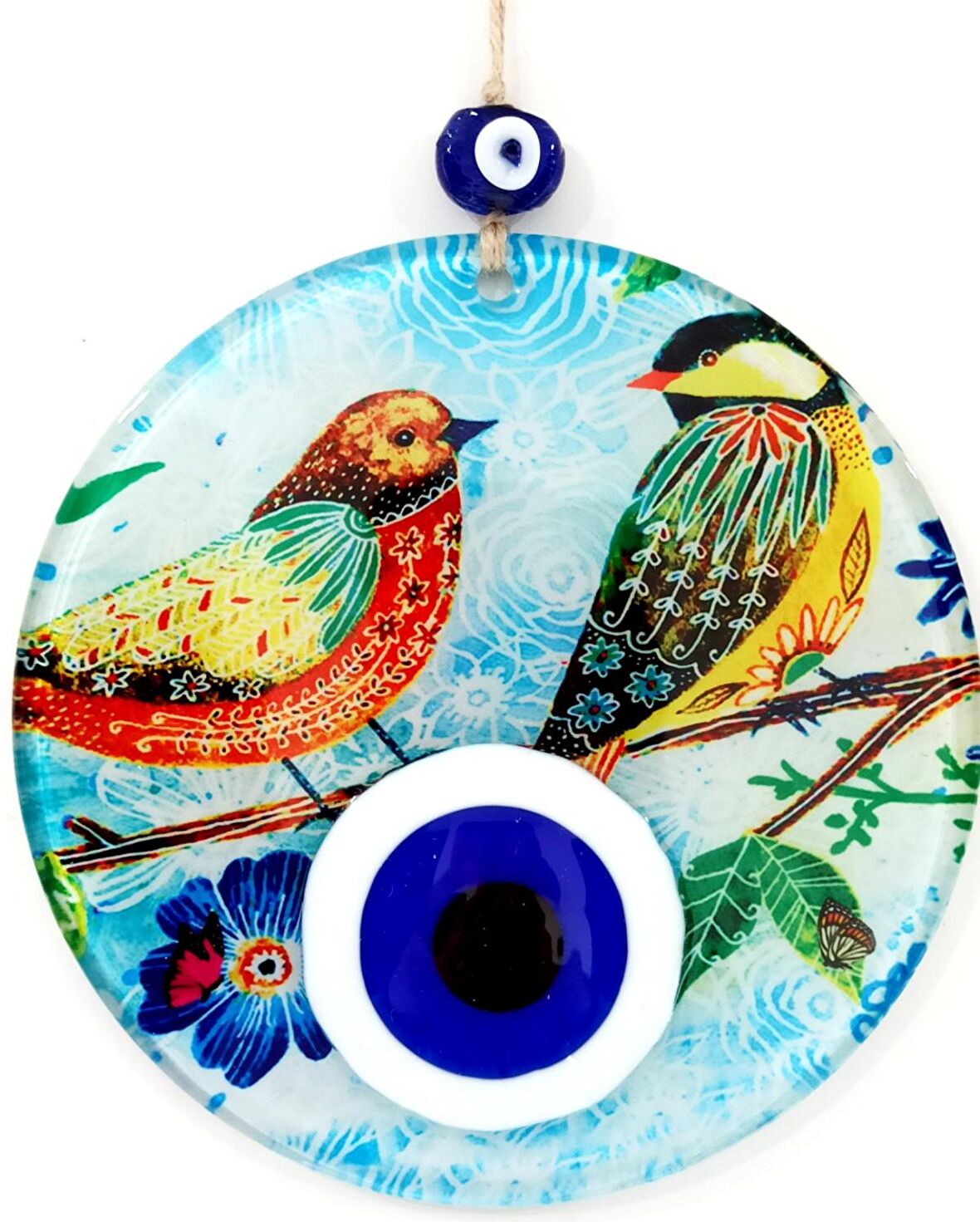 Nazar Boncuklu Füzyon Cam Kuşlu 16 Santimetre Duvar Süsü Hediyelik Eşya