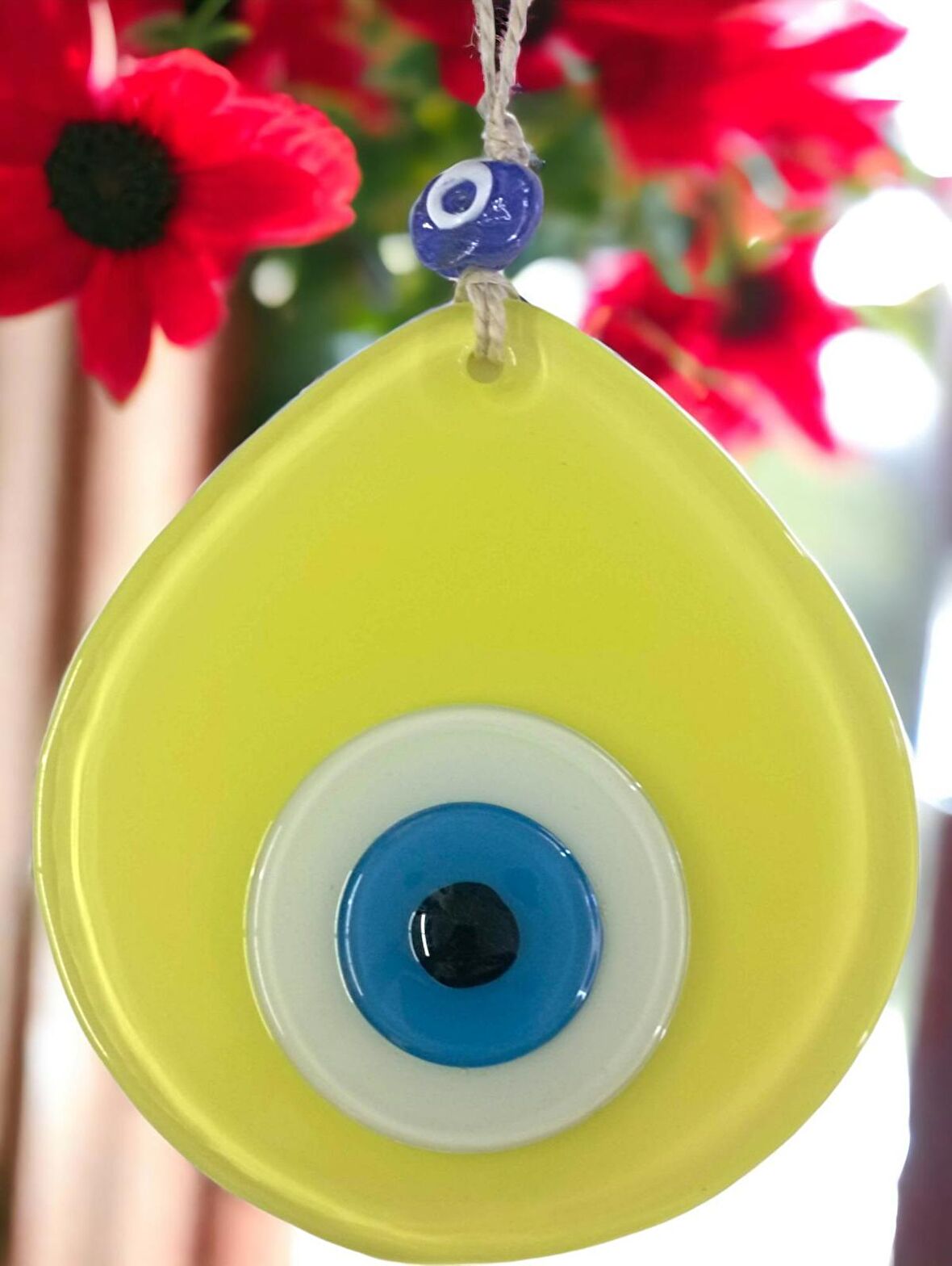 Mavi Nazar Boncuklu Sarı Renk Nazar Boncuklu Damla Desen El Yapımı Duvar Süsü