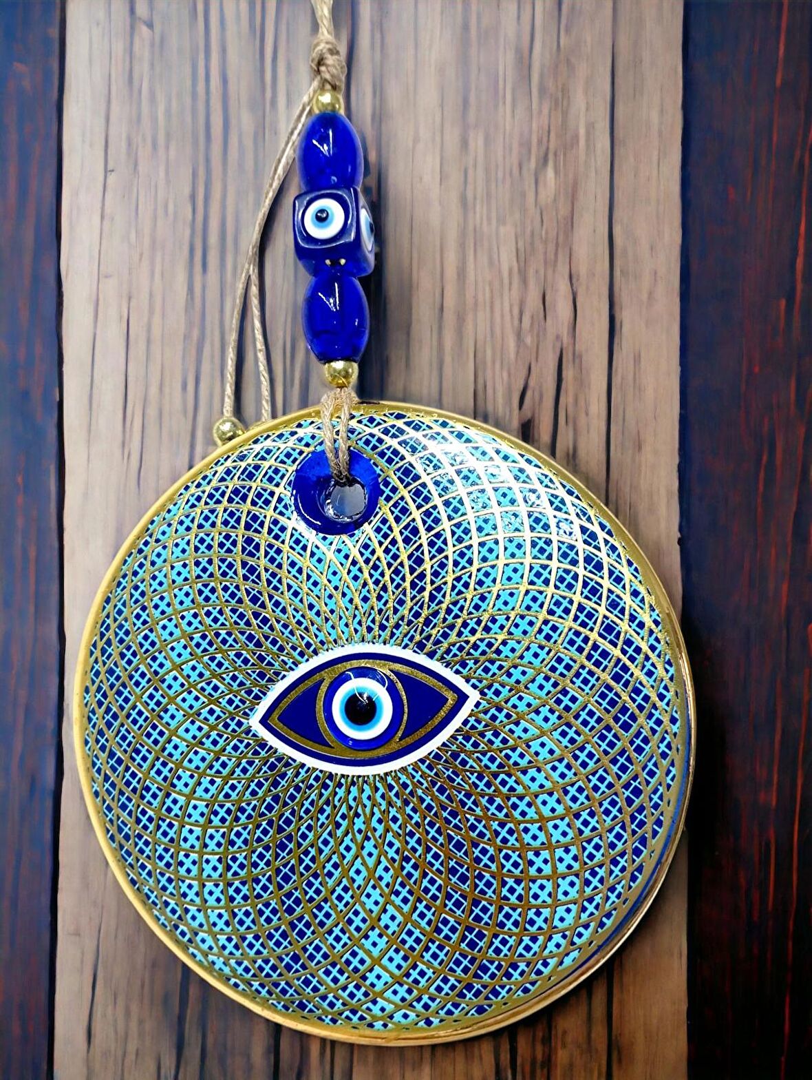 İşlemeli Geometrik Nazar Boncuklu Cam Duvar Süsü