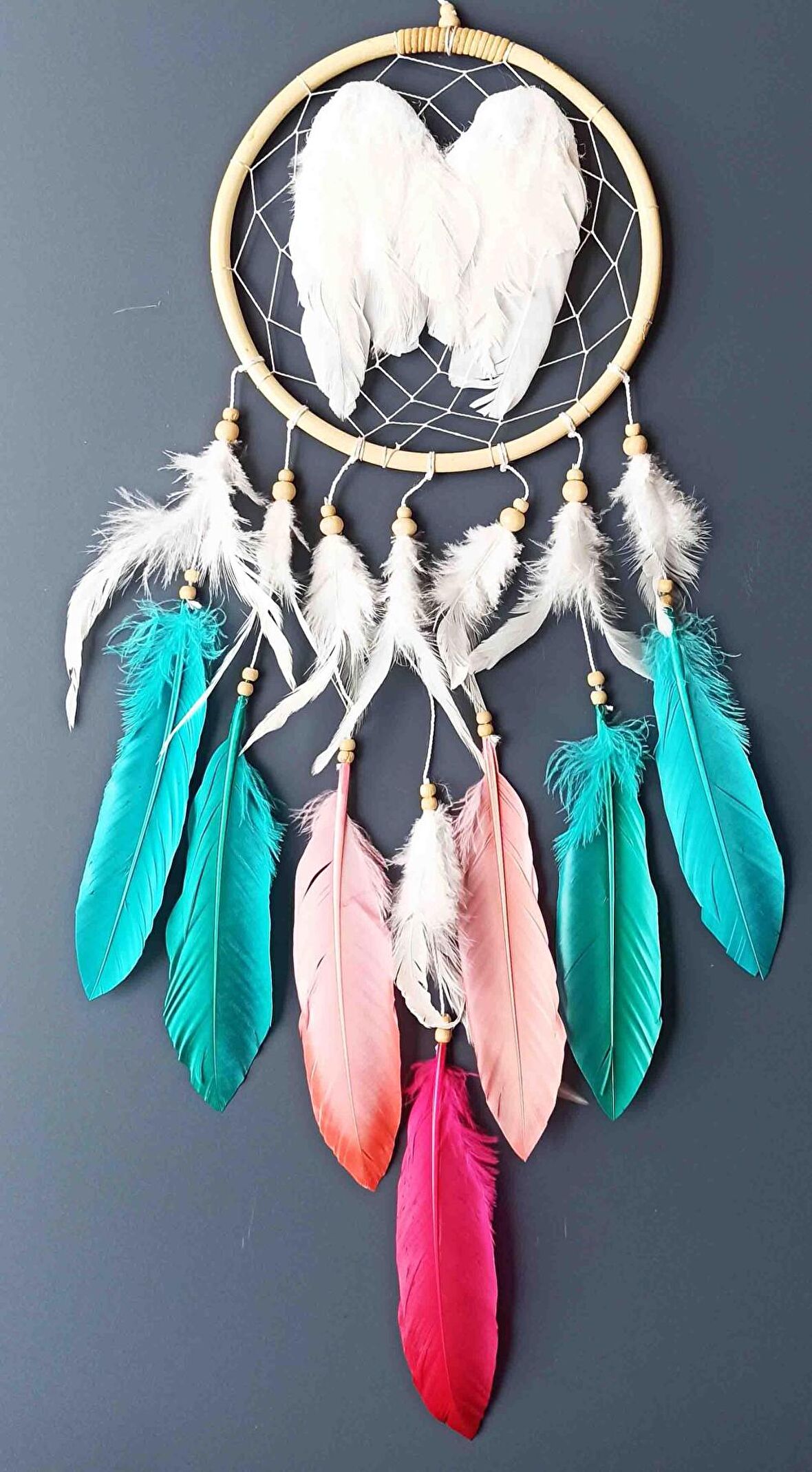 Yeşil Tüylü Melek Kanadı Düş Kapanı El Yapımı Dream Catcher Duvar Dekoru
