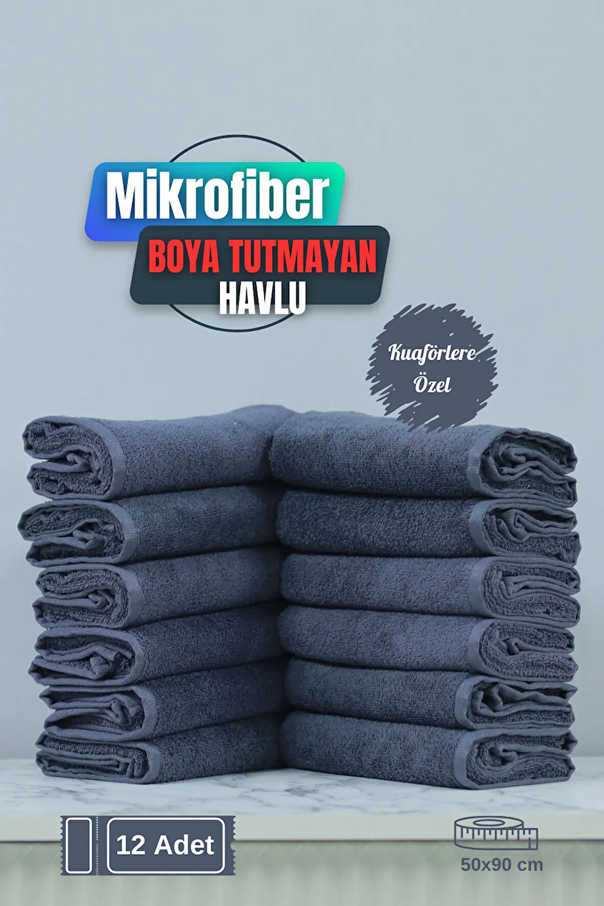 Kuaförlere Özel Boya Tutmayan Mikrofiber Saç Havlusu 50x90 cm 12'li Set