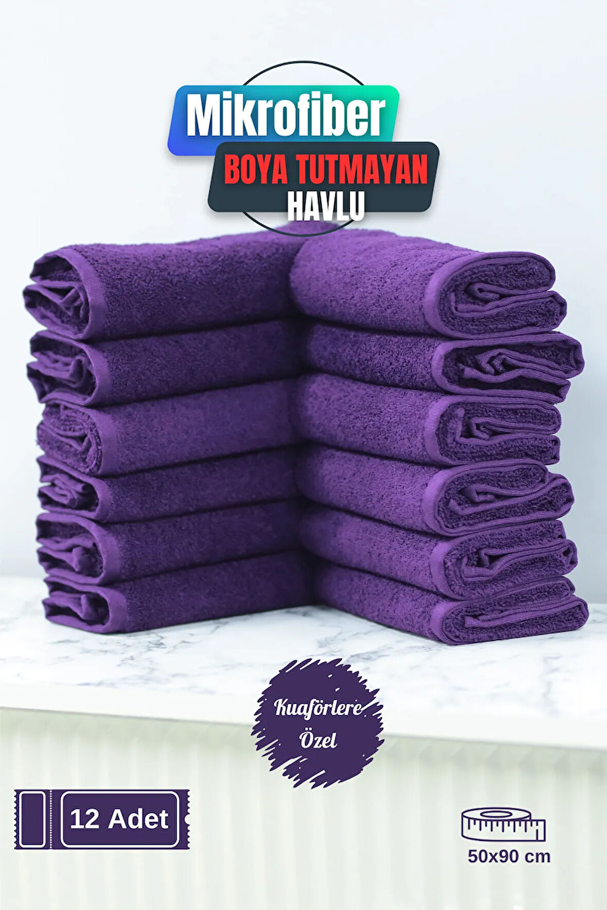 Kuaförlere Özel Boya Tutmayan Mikrofiber Saç Havlusu 50x90 cm 12'li Set