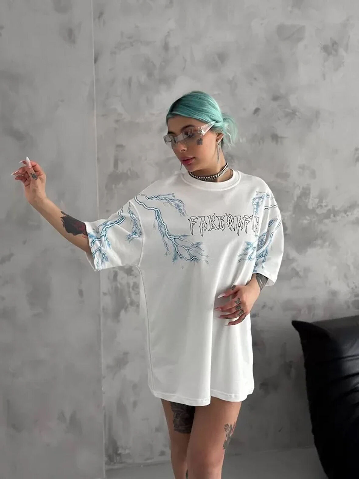 MokaShopin Unisex Bisiklet Yaka Baskılı Oversize T-Shirt - Beyaz