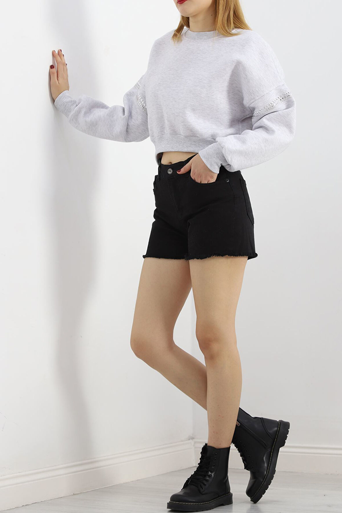 MokaShopin Kol Detay 3 İplik Crop Sweat Gri - 12691.148.