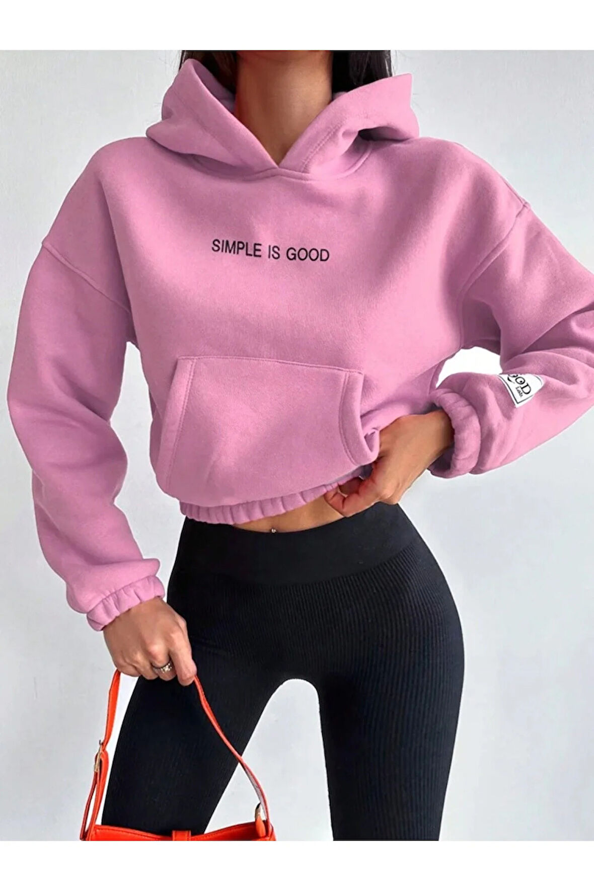 Crop kapşonlu 3 iplik şardonlu şeker pembe sweatshirt