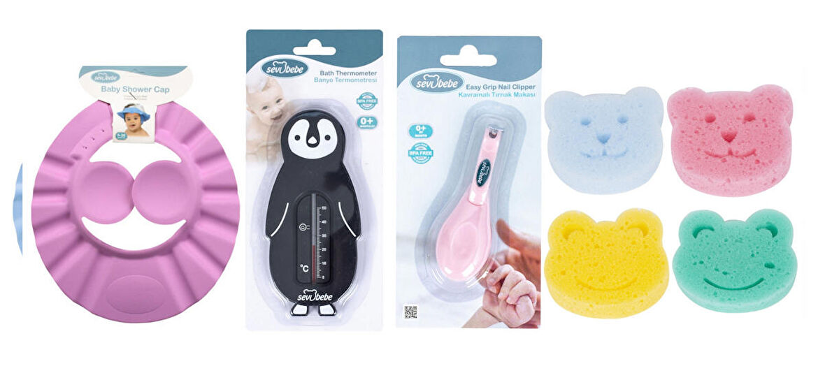 Sevi Bebe Bebek Banyo Seti(Banyo Şapkası+Banyo Derecesi+Banyo Süngeri+Kavramalı Makas)