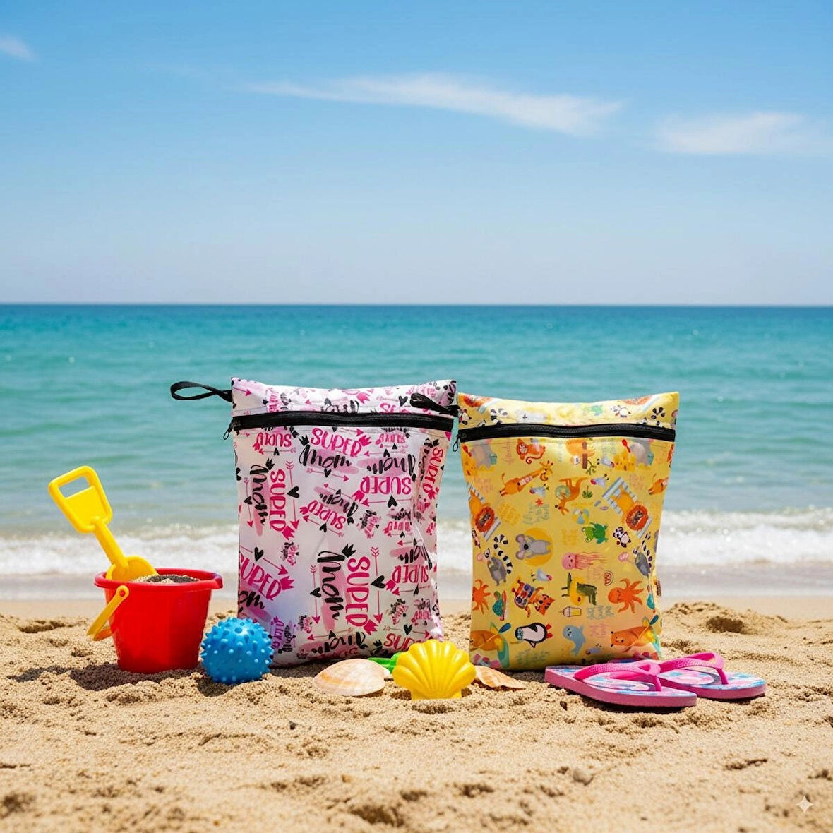 Yorni 2 Adet, 37 x 30 Cm, Mom ve Summer Desen, Sıvı Geçirmeyen Çok Amaçlı Çanta, Ekonomik Set, Yıkanabilir