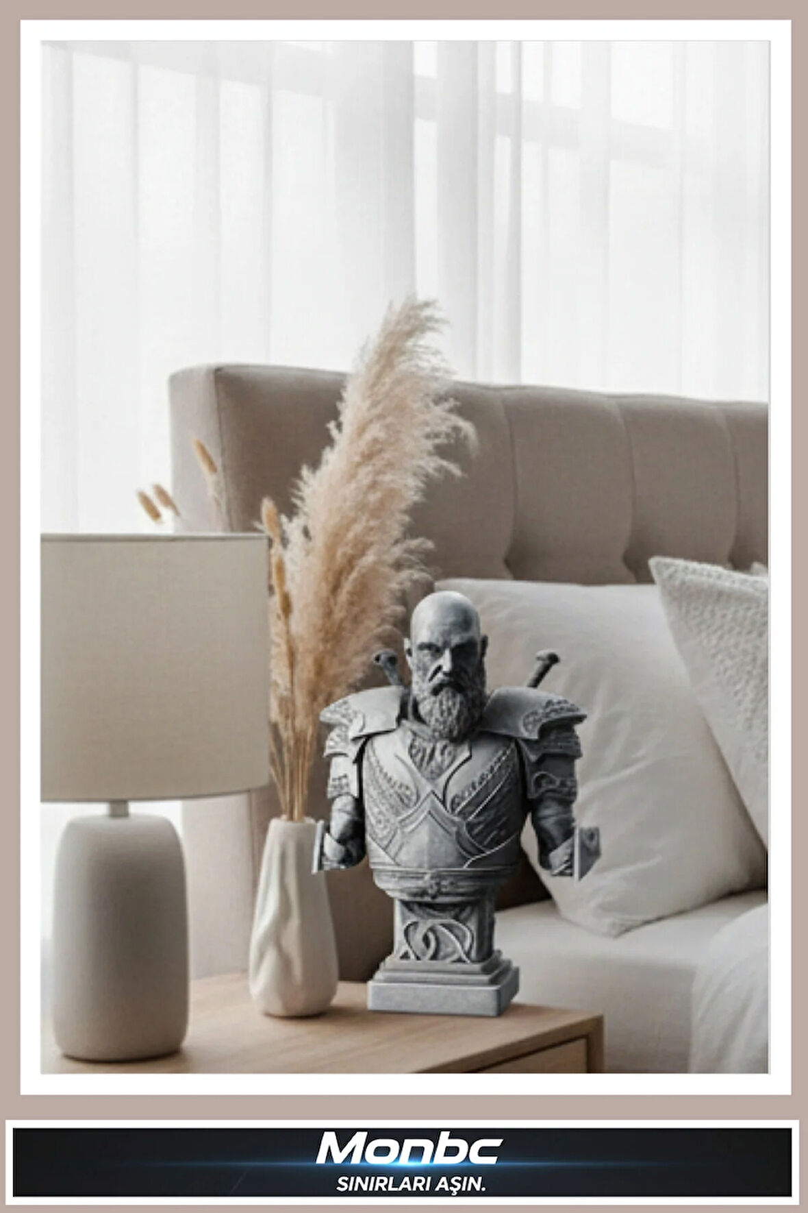 Monbc Kratos Büstü – Tanrıların Savaşçısı 3D Tasarım Dekoratif Biblo, Hediyelik ve Ev Ofis İçin Şık Aksesuar