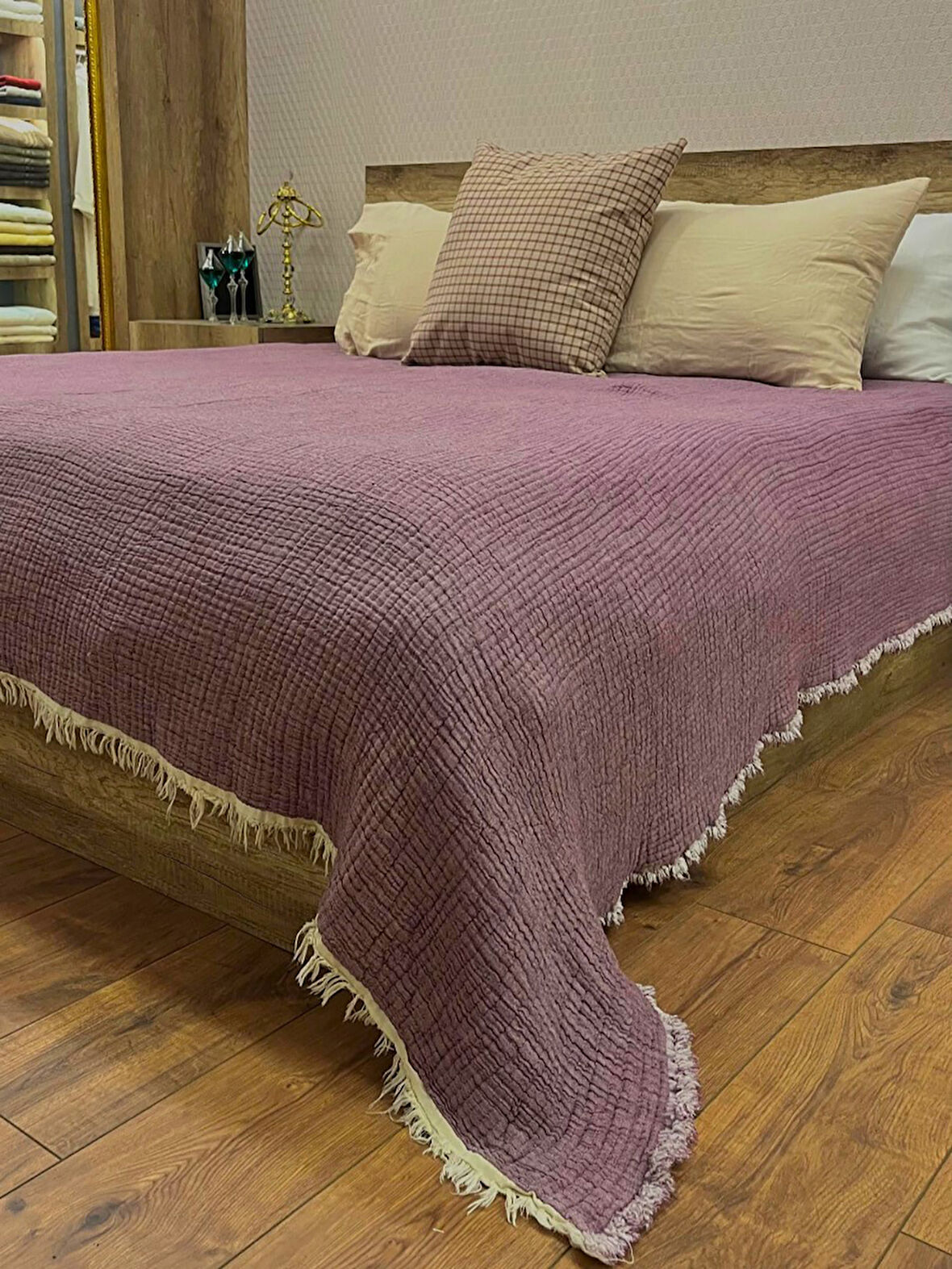Mor 4 Katlı Çift Taraflı Çift Kişilik Müslin Battaniye %100 Pamuk 230x240 cm