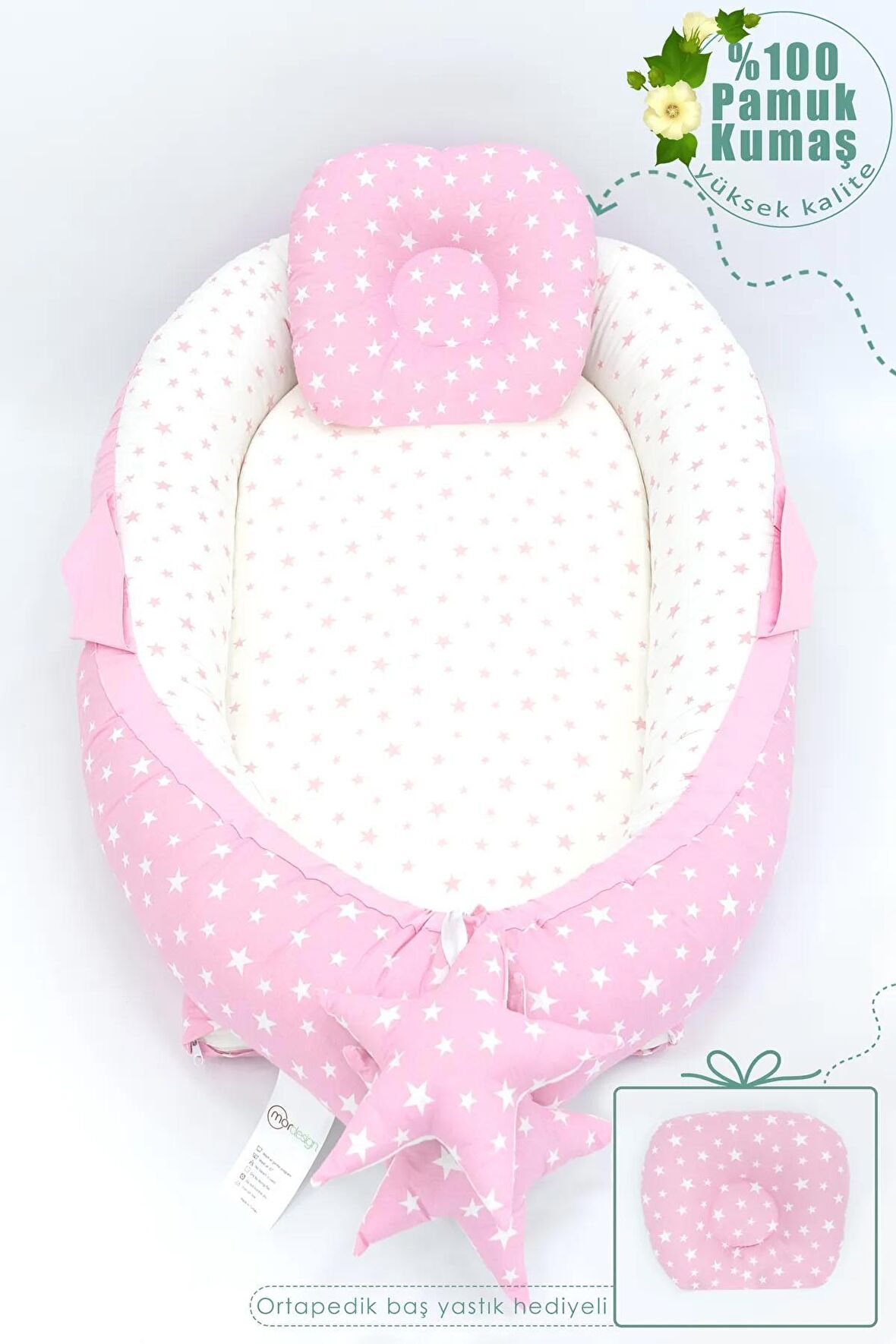 Babynest Ortopedik Bebek Yatağı, Anne Yanı Bebek Yatağı, Ergonomik Tasarım, Stars Serisi, Pembe