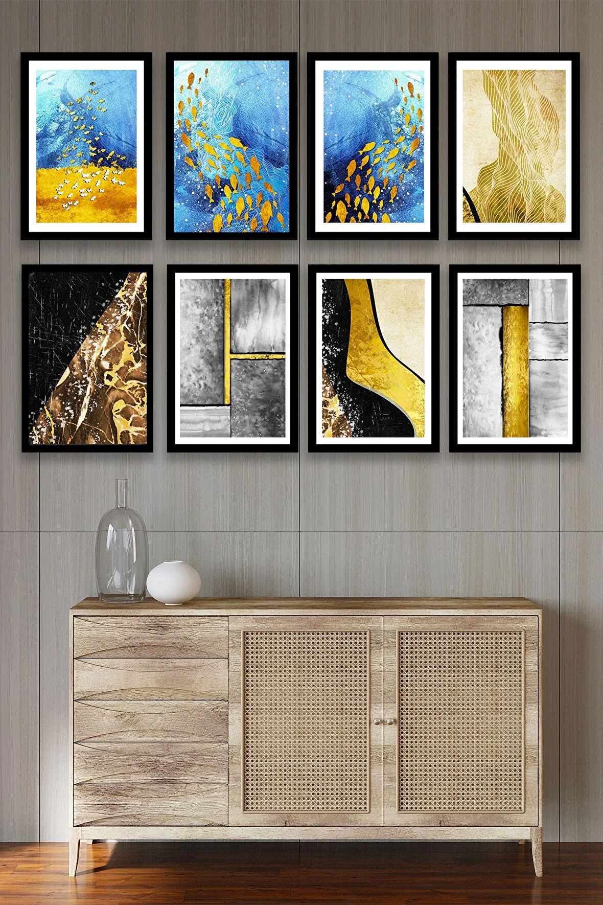 8 Parça Çerçeve Görünümlü Dekoratif Ahşap Mdf Tablo Seti, Oturma Odası, Salon, Ofis, Ev Dekorasyonu