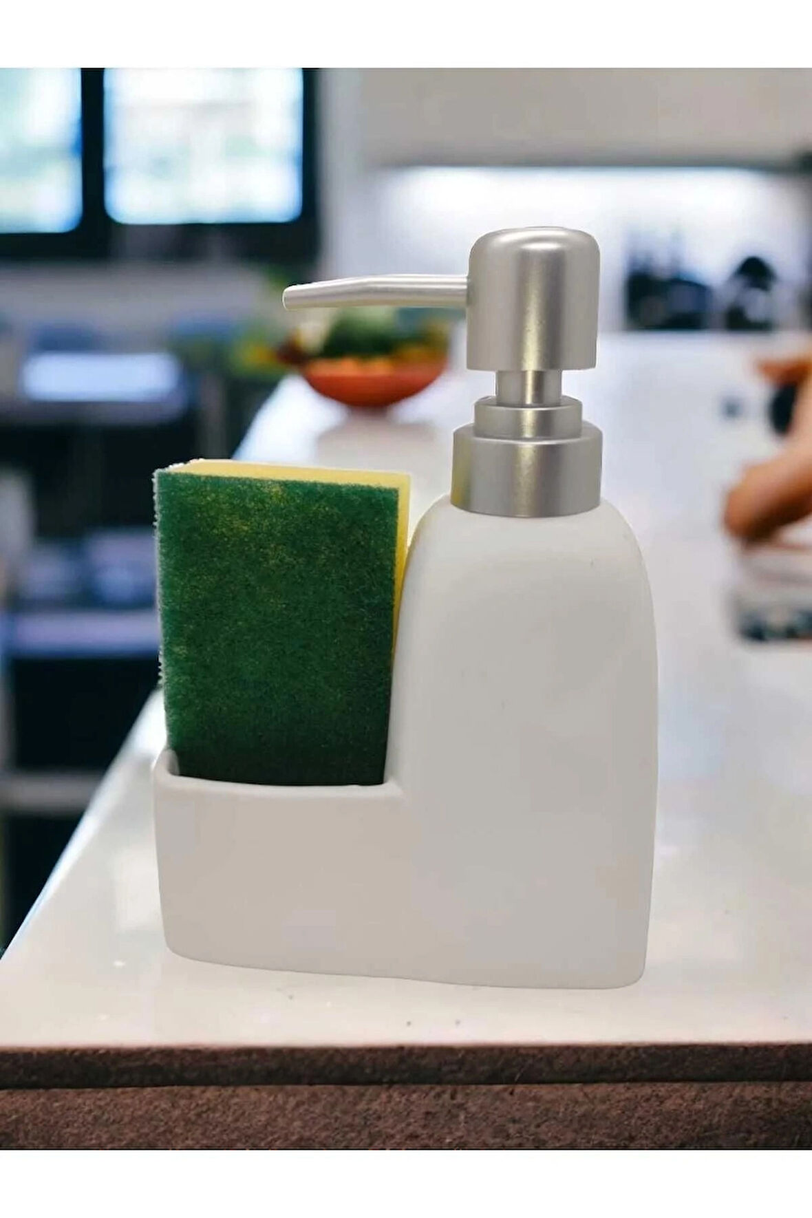 Lüks Porselen Mat Beyaz Siyah Gri Süngerli Mutfak Sıvı Sabunluk Bulaşık Deterjanlık Gümüş Kapak